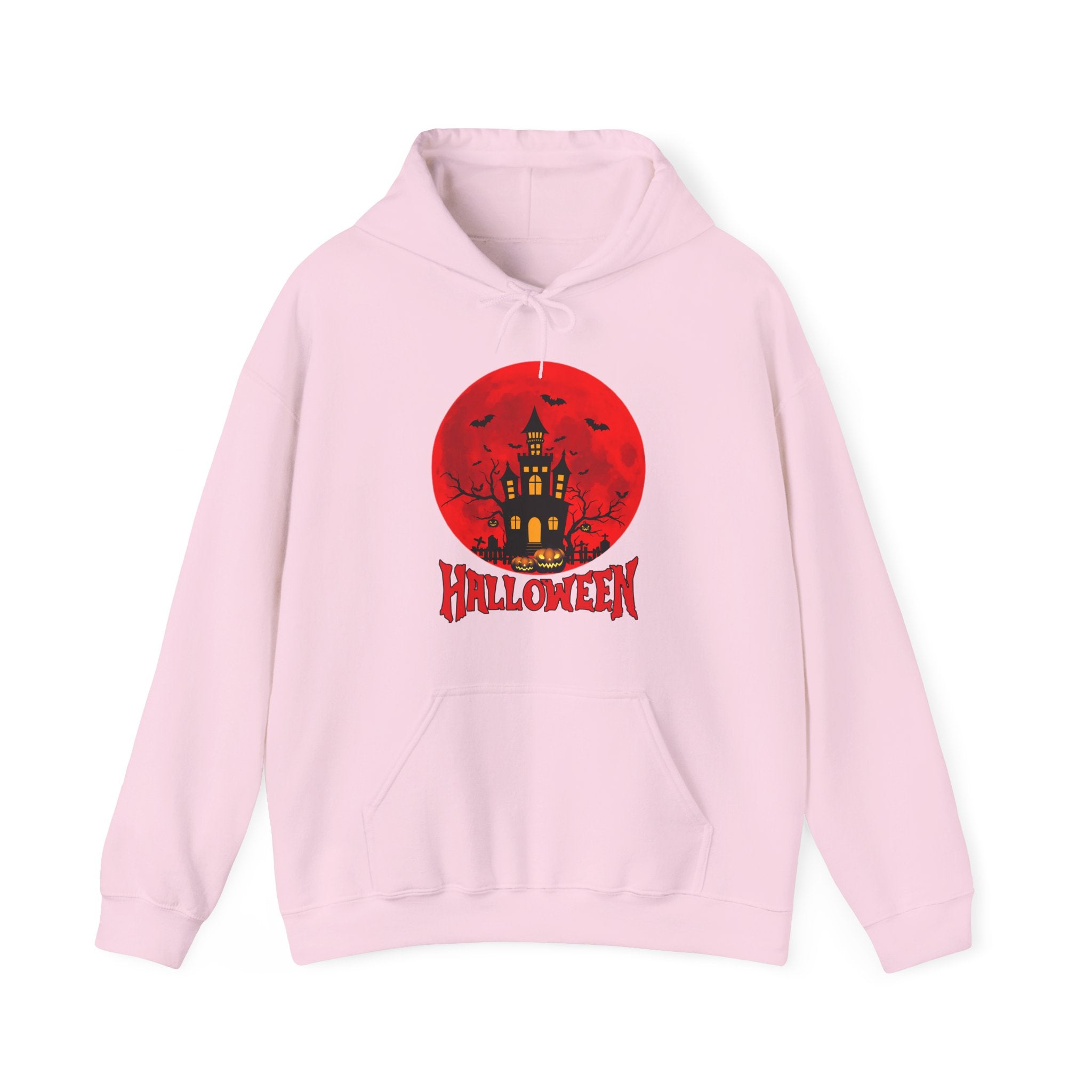 Pink hoodie with Halloween design featuring a castle on a red circle against a white background