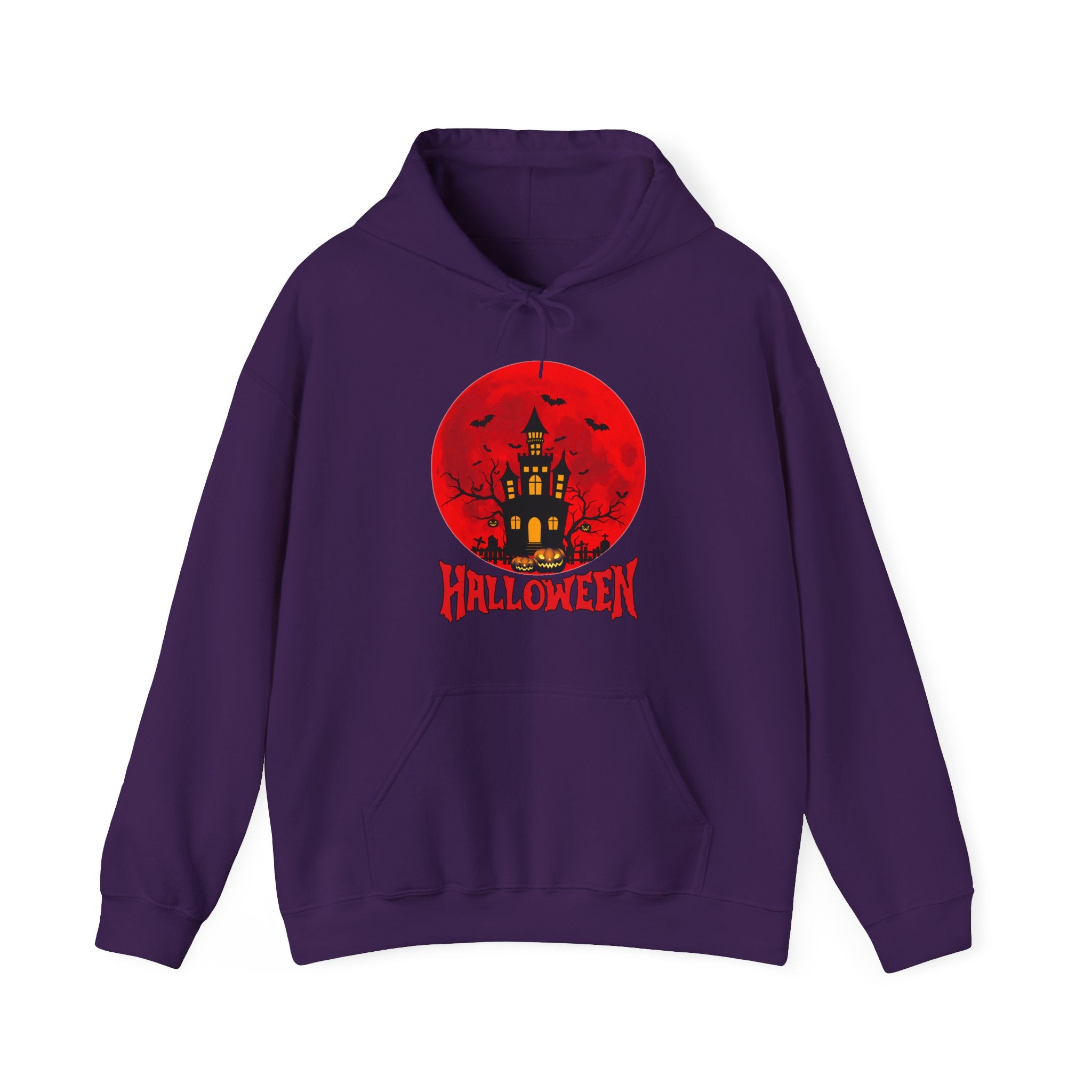 Purple hoodie with Halloween design featuring a castle on a red moon background.
