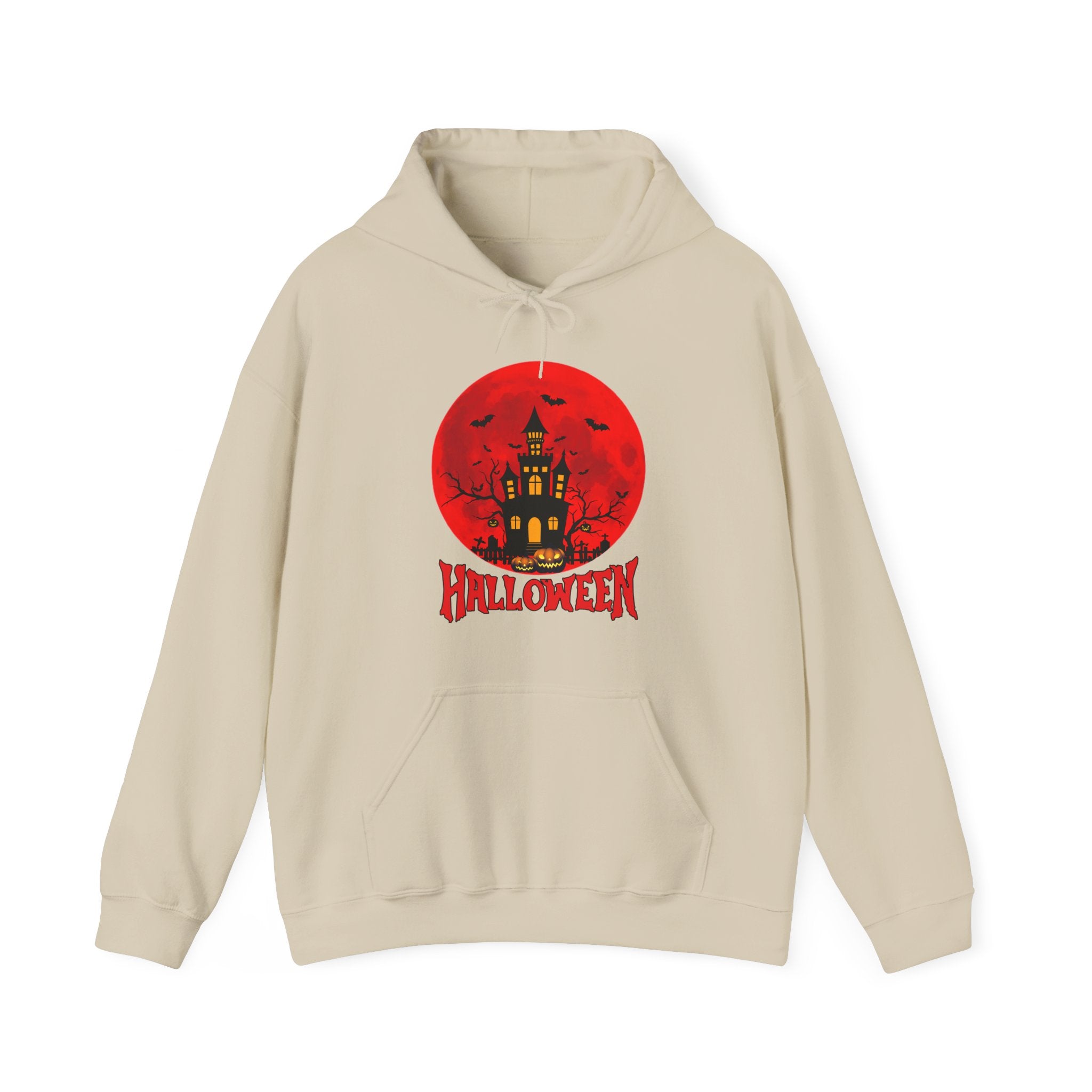 Beige hoodie with Halloween design featuring a castle on a red circle