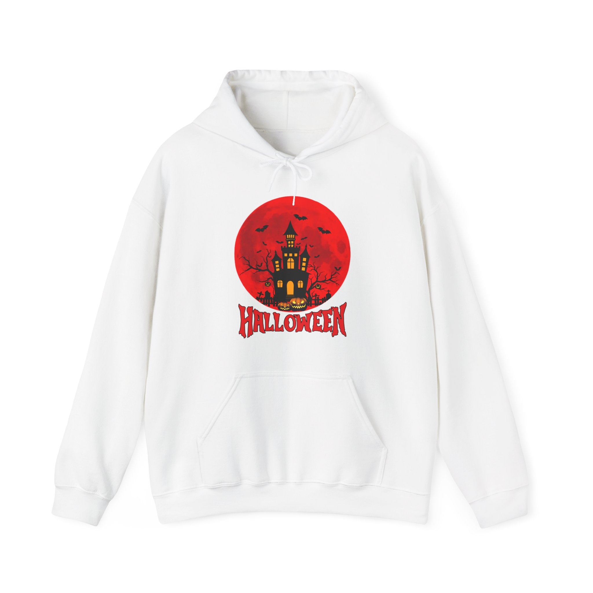 White hoodie with a Halloween-themed design featuring a red circle and castle on a white background