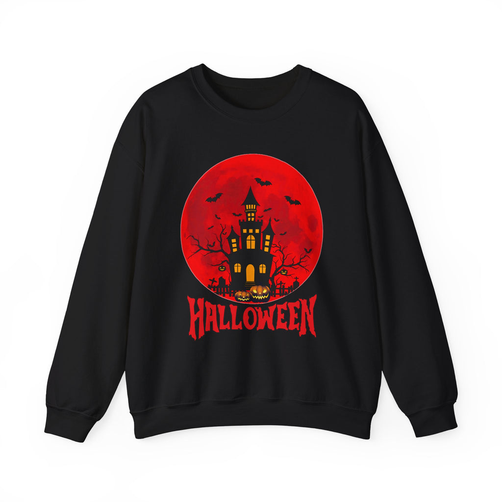 Black sweatshirt with Halloween design featuring a red moon, haunted house, and pumpkins on a white background.