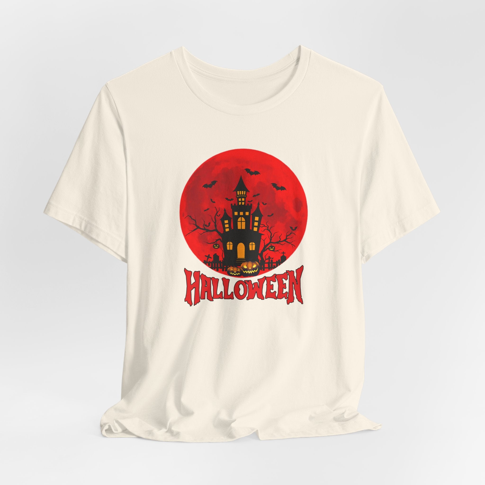 Ivory t-shirt with Halloween graphic featuring a castle in the red moon and 'Halloween' text on a light gray background