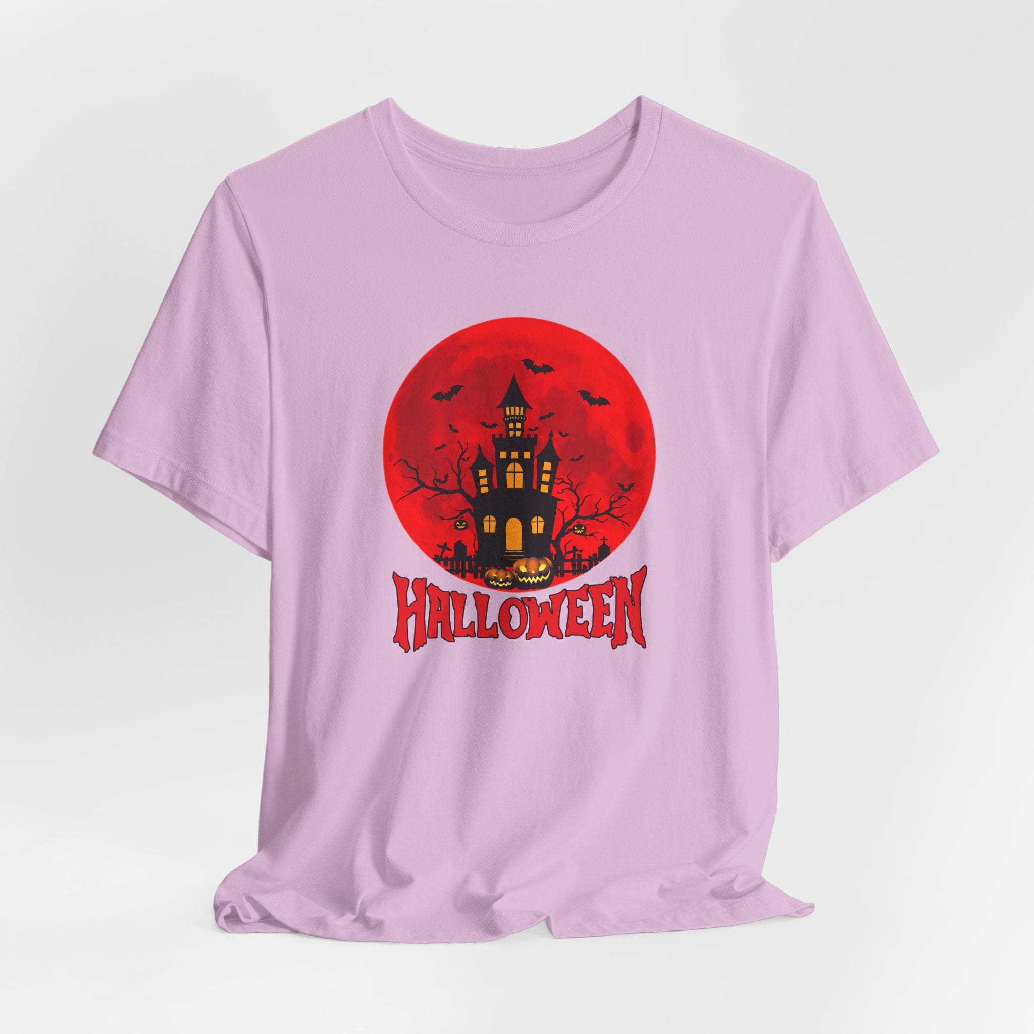 Lilac ink t-shirt with Halloween graphic featuring a castle and 'Halloween' text on a white background
