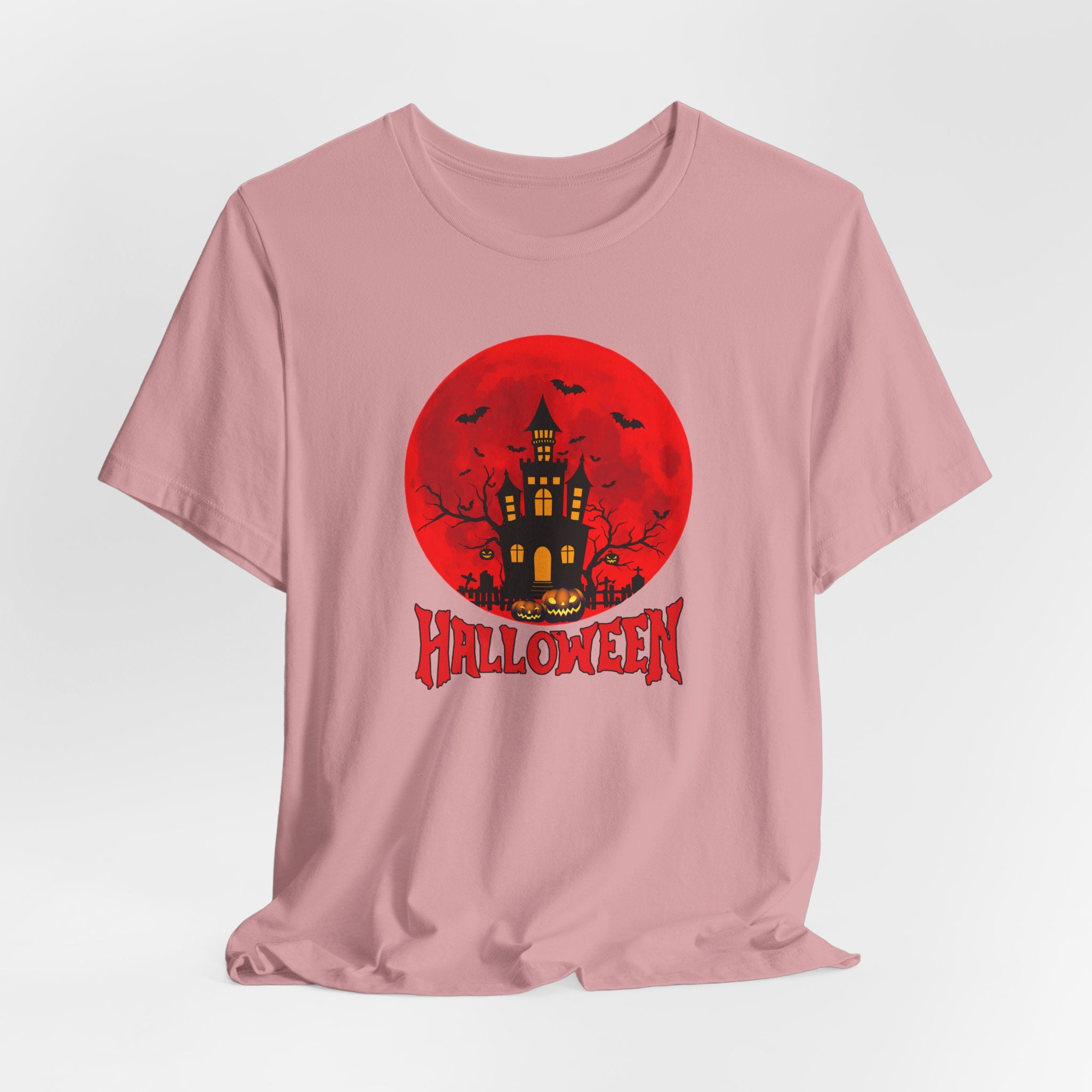 Orchid pink t-shirt with Halloween graphic featuring a castle and 'Halloween' text on a white background