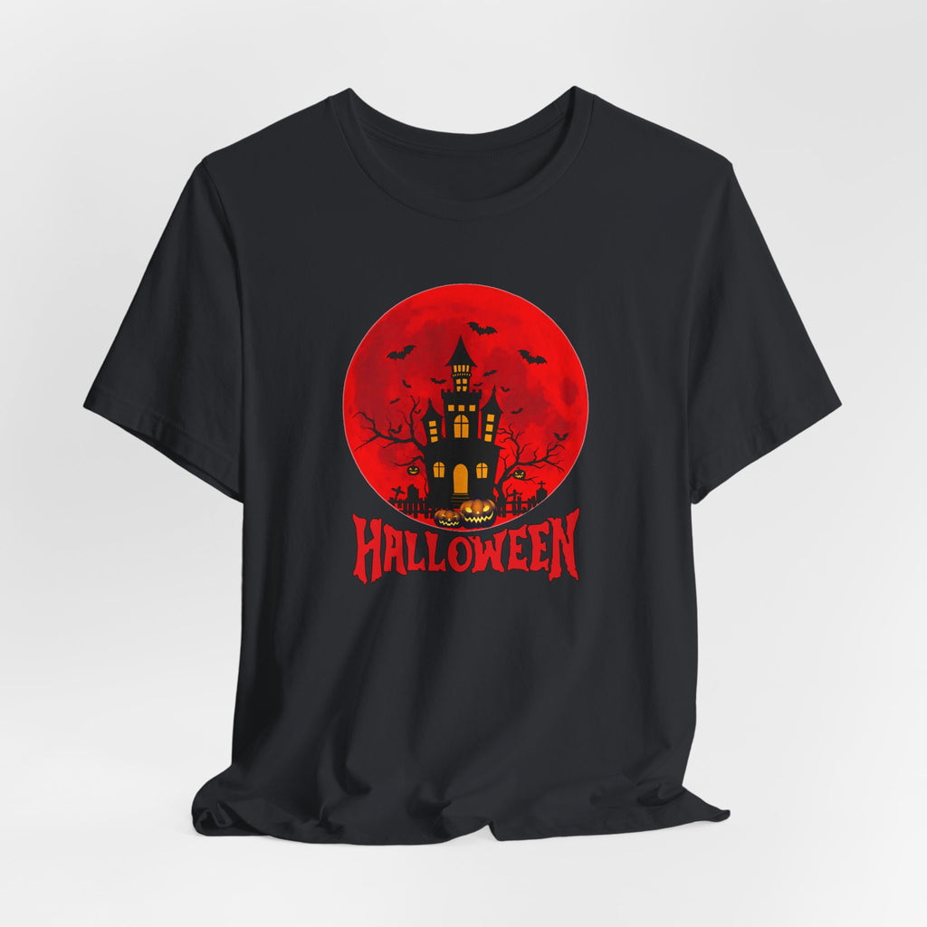 Vintage black t-shirt with Halloween design featuring a castle and pumpkins on a red moon background.