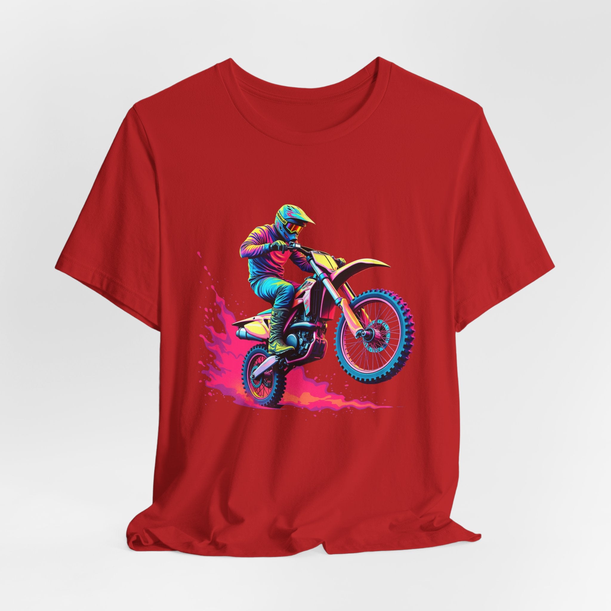 Red t-shirt with a colorful graphic of a motocross rider on a white background