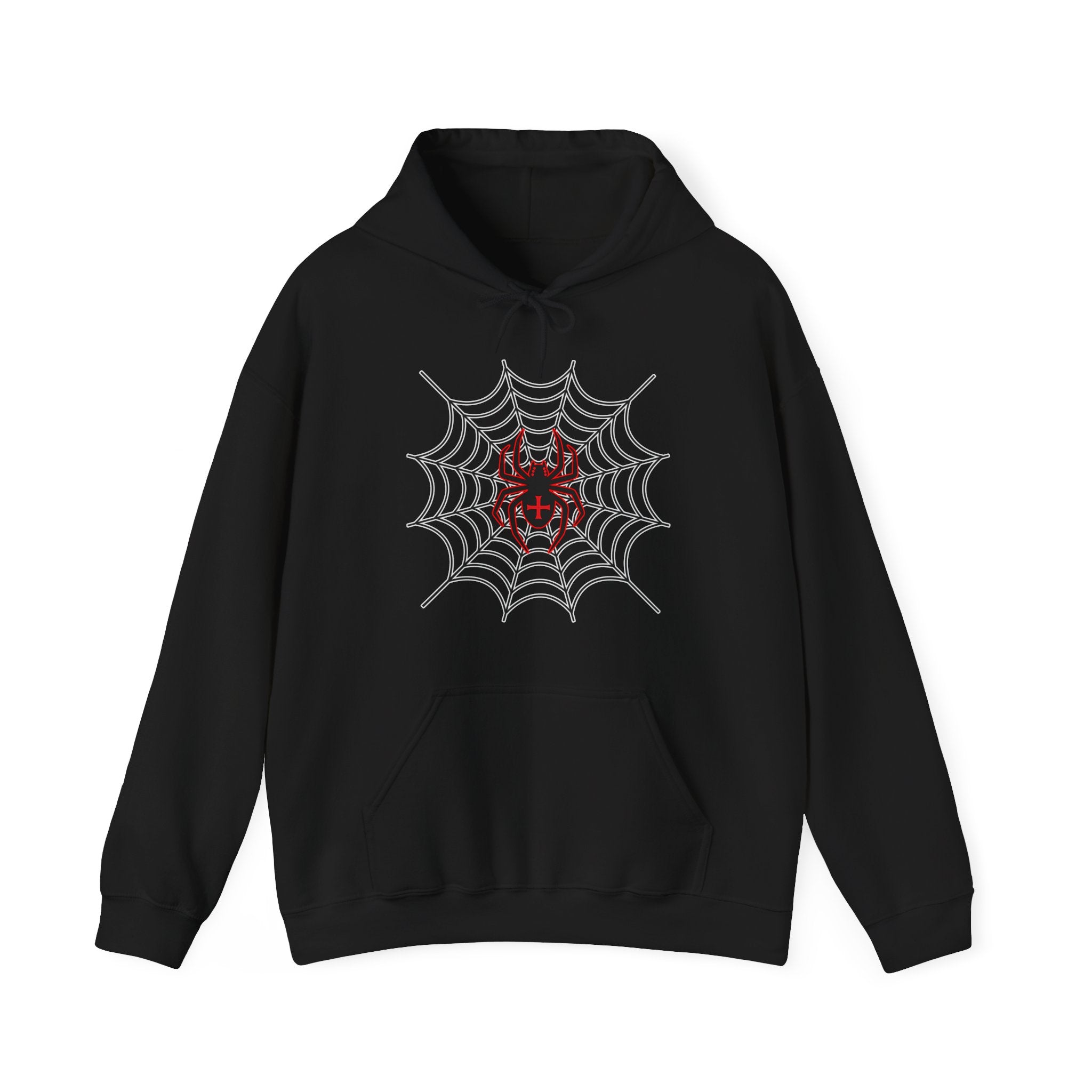 Black hoodie with spider web and red spider design on a white background
