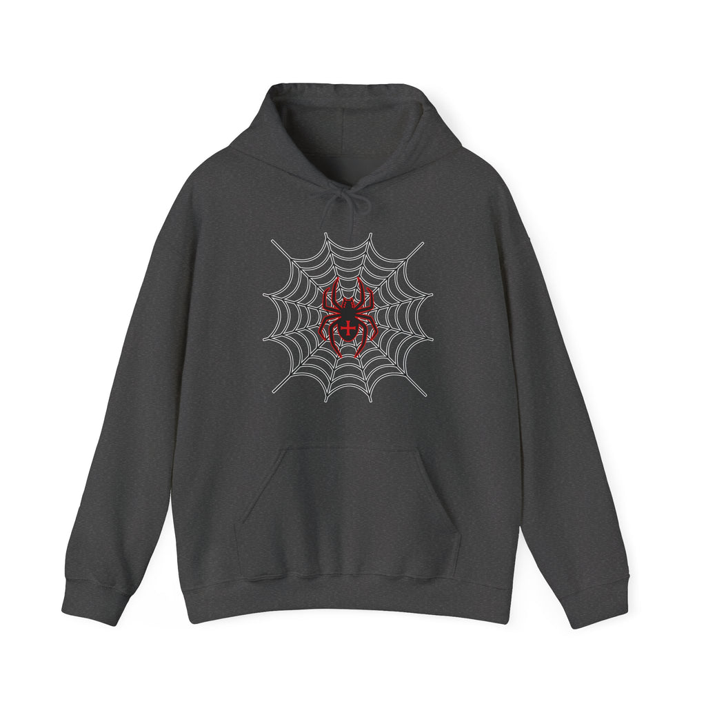 Dark gray hoodie with spider web and red spider design on a white background