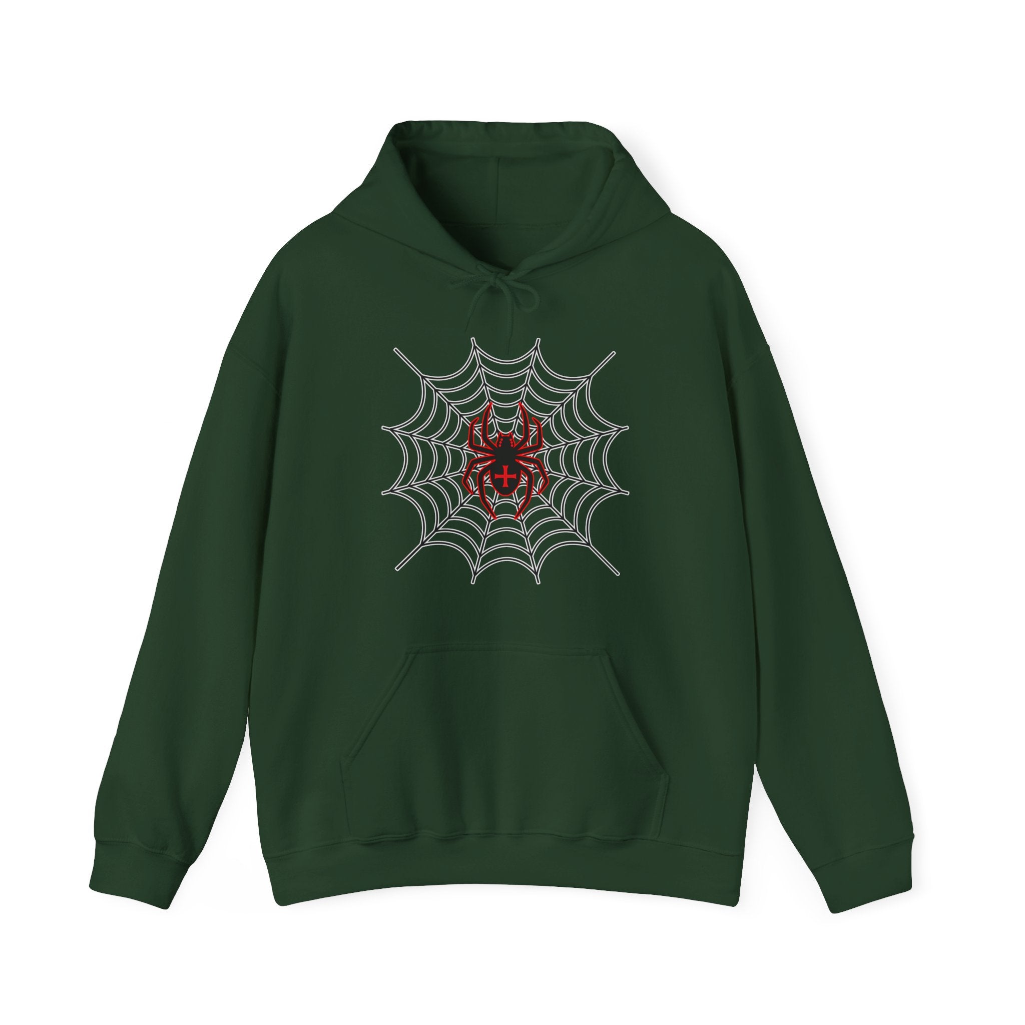 Forest green hoodie with spider web and red spider design on a white background