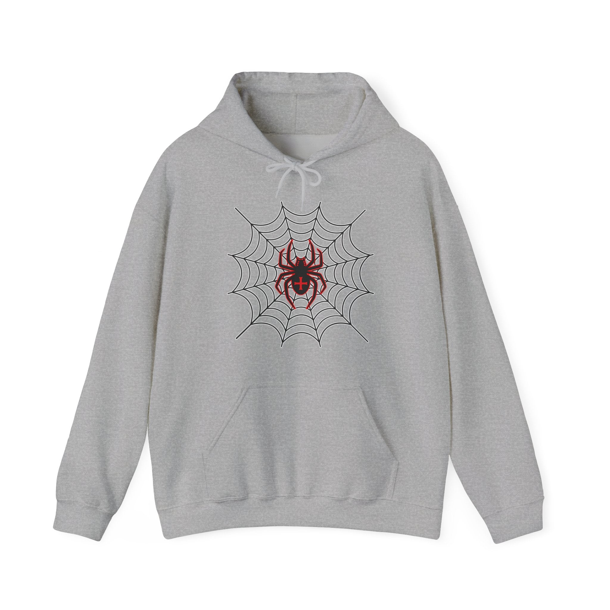 Gray hoodie with spider web and spider design on a white background