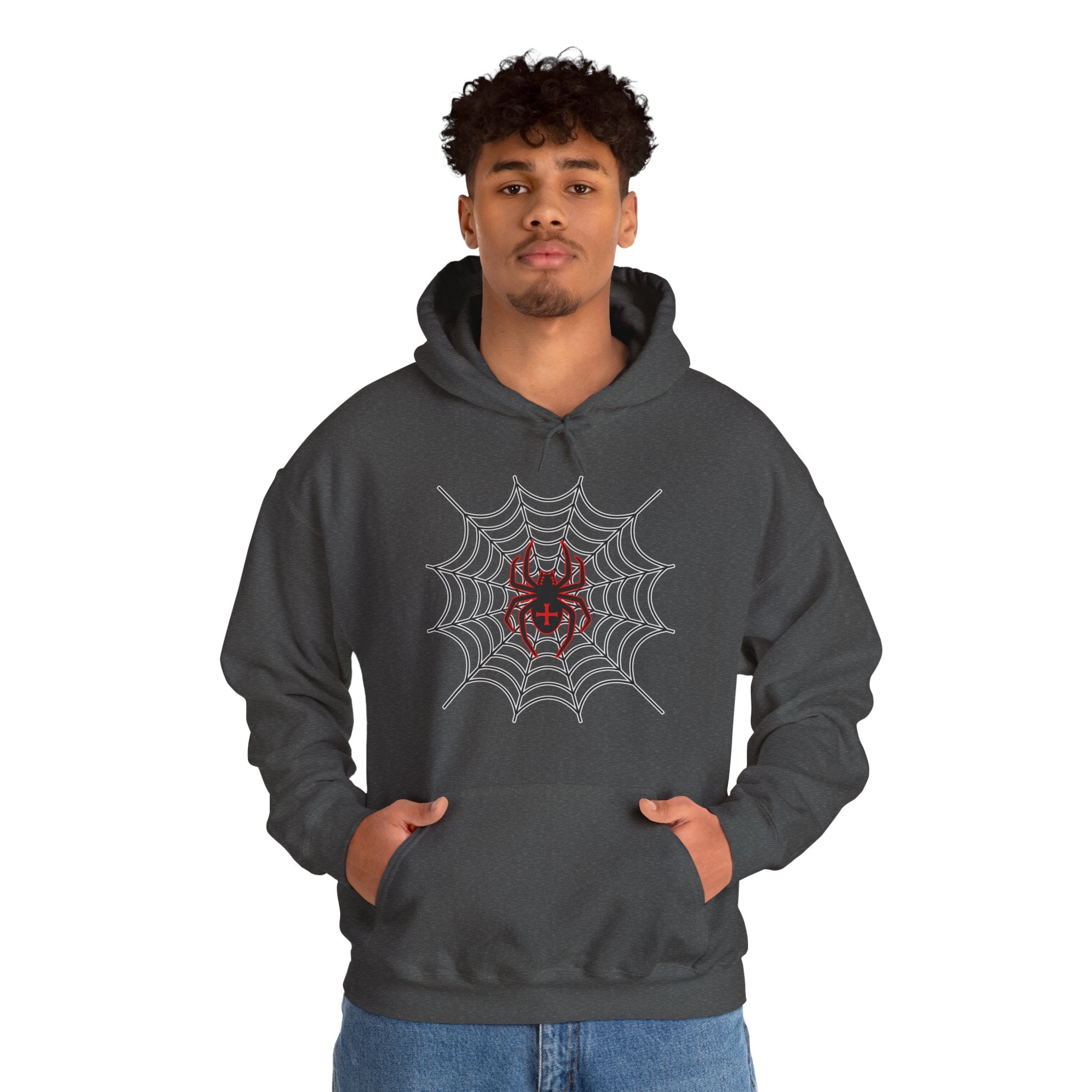 Person wearing a dark gray hoodie with a spider web design on a white background