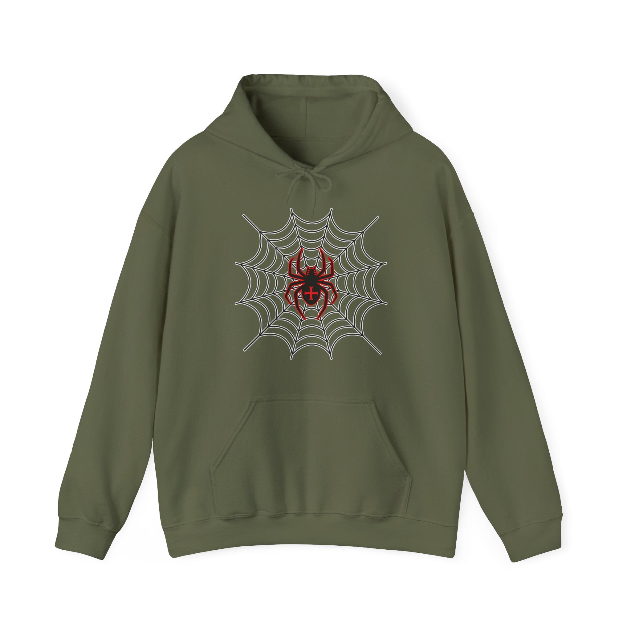 Military green hoodie with spider web and red spider design on a white background