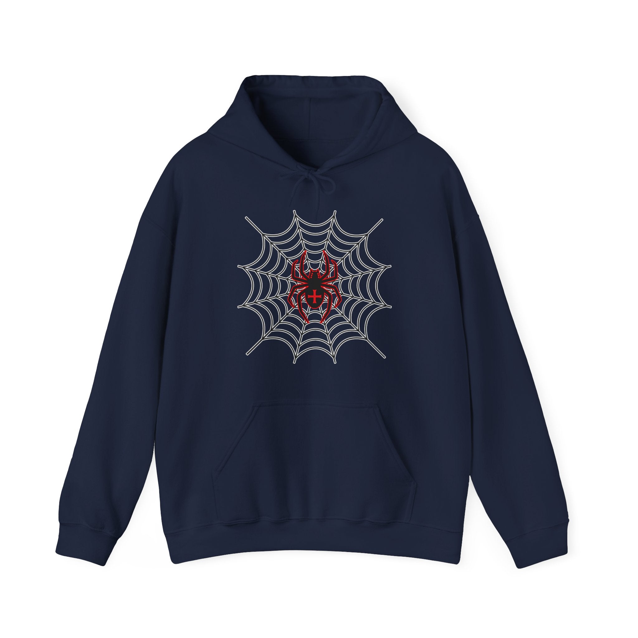 Navy blue hoodie with spider web and red spider design on a white background