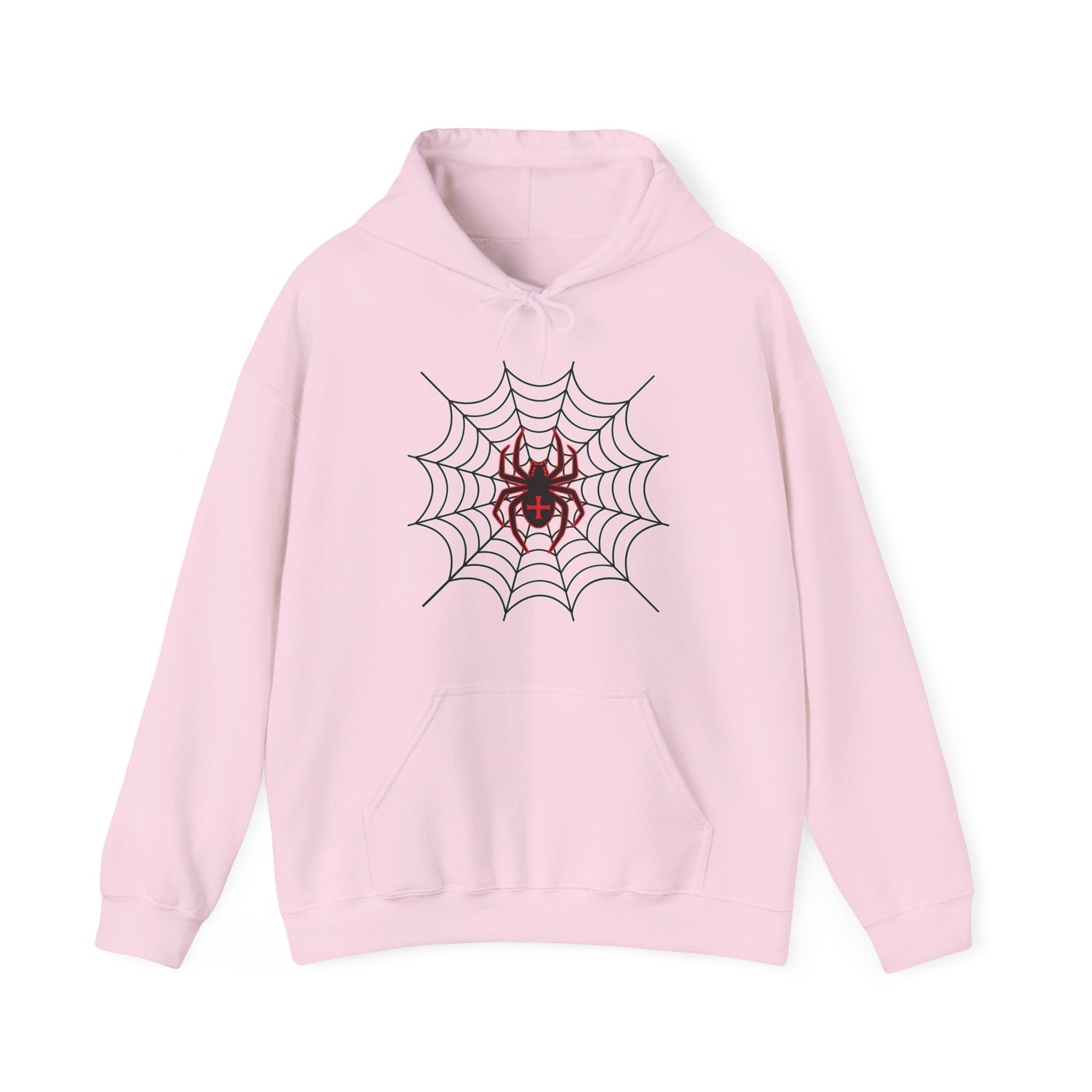 Pink hoodie with a spider web and spider design on a white background