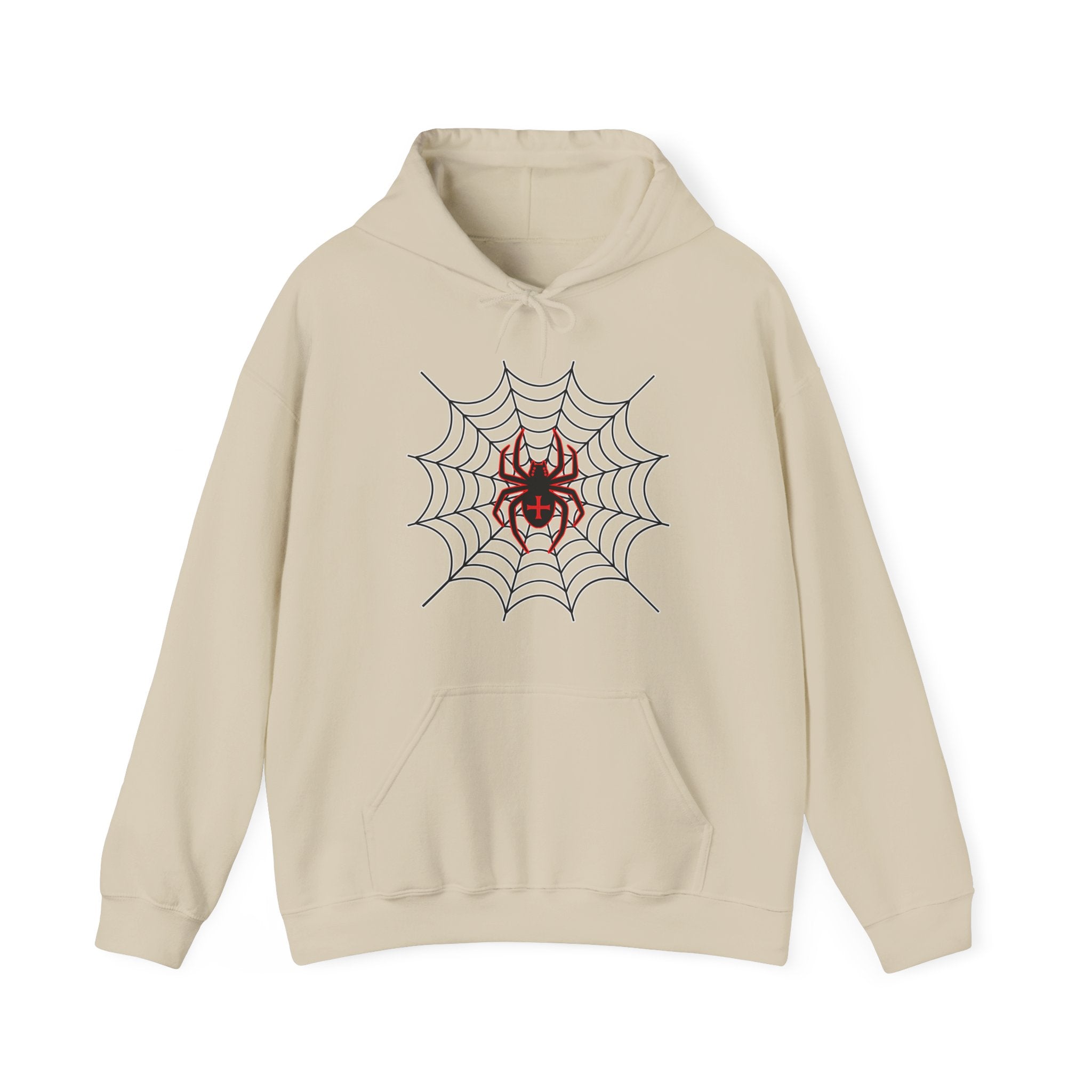 Beige hoodie with a spider and web design on a white background