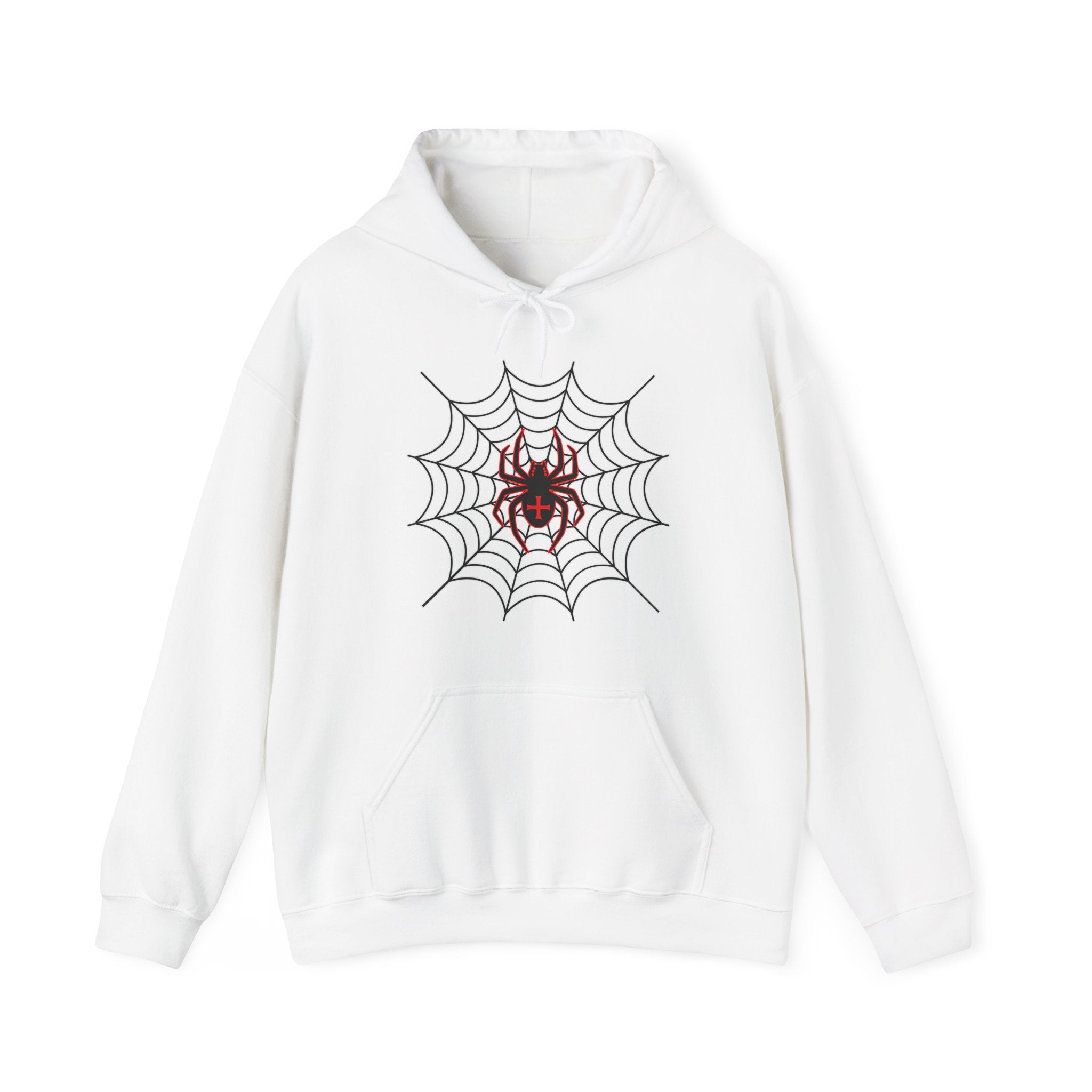 White hoodie with a spider and web design on a white background