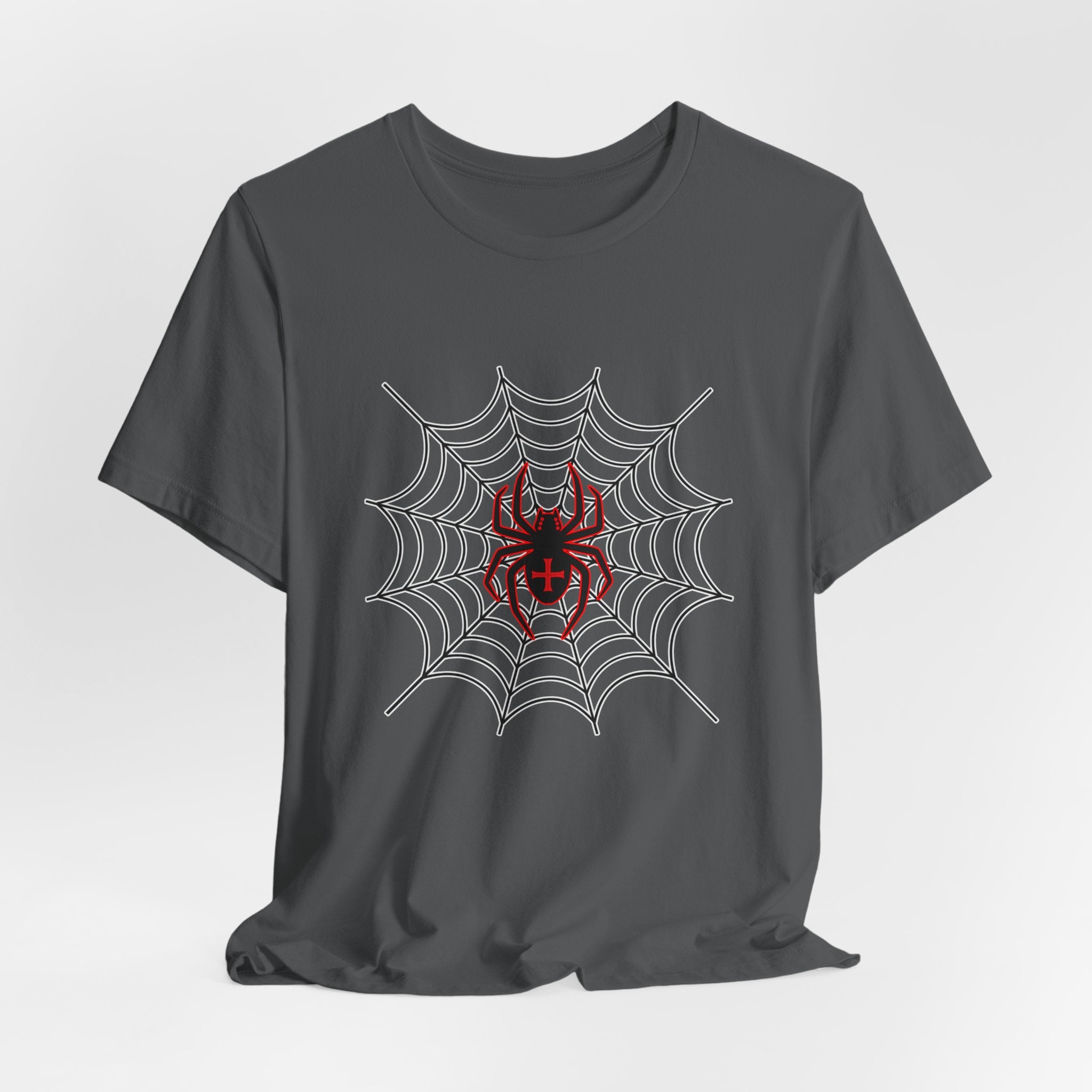 Asphalt gray t-shirt with a spider and web design on a white background
