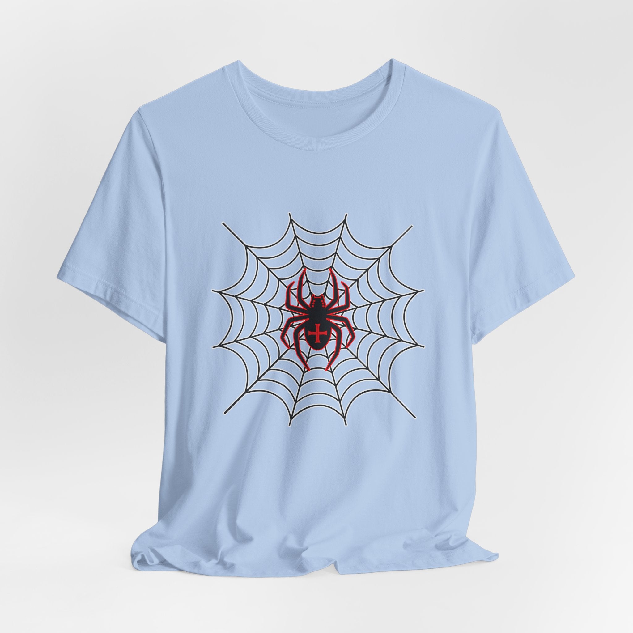 Light blue t-shirt with a spider and web design on a white background