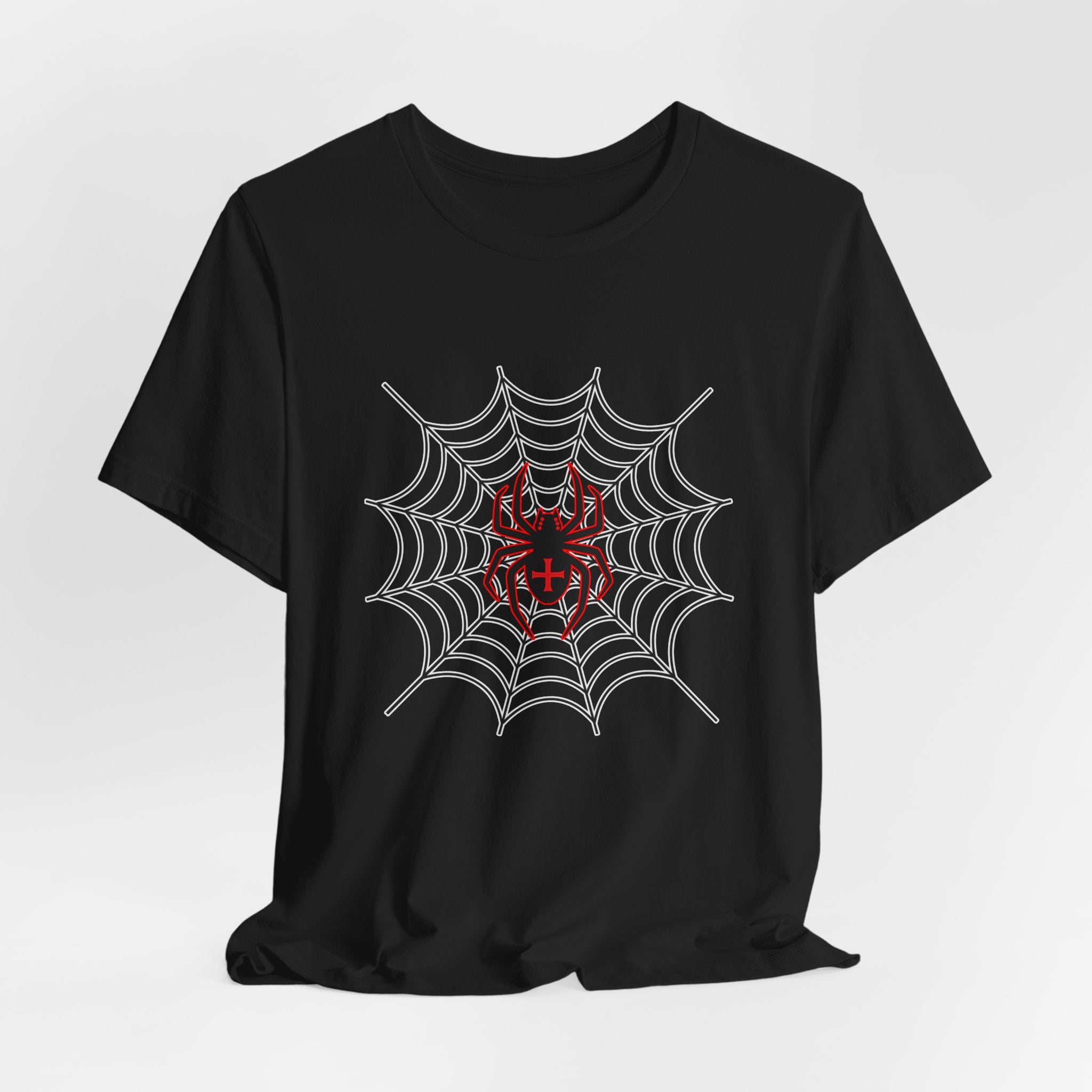 Black t-shirt with a spider web and red spider design on a white background