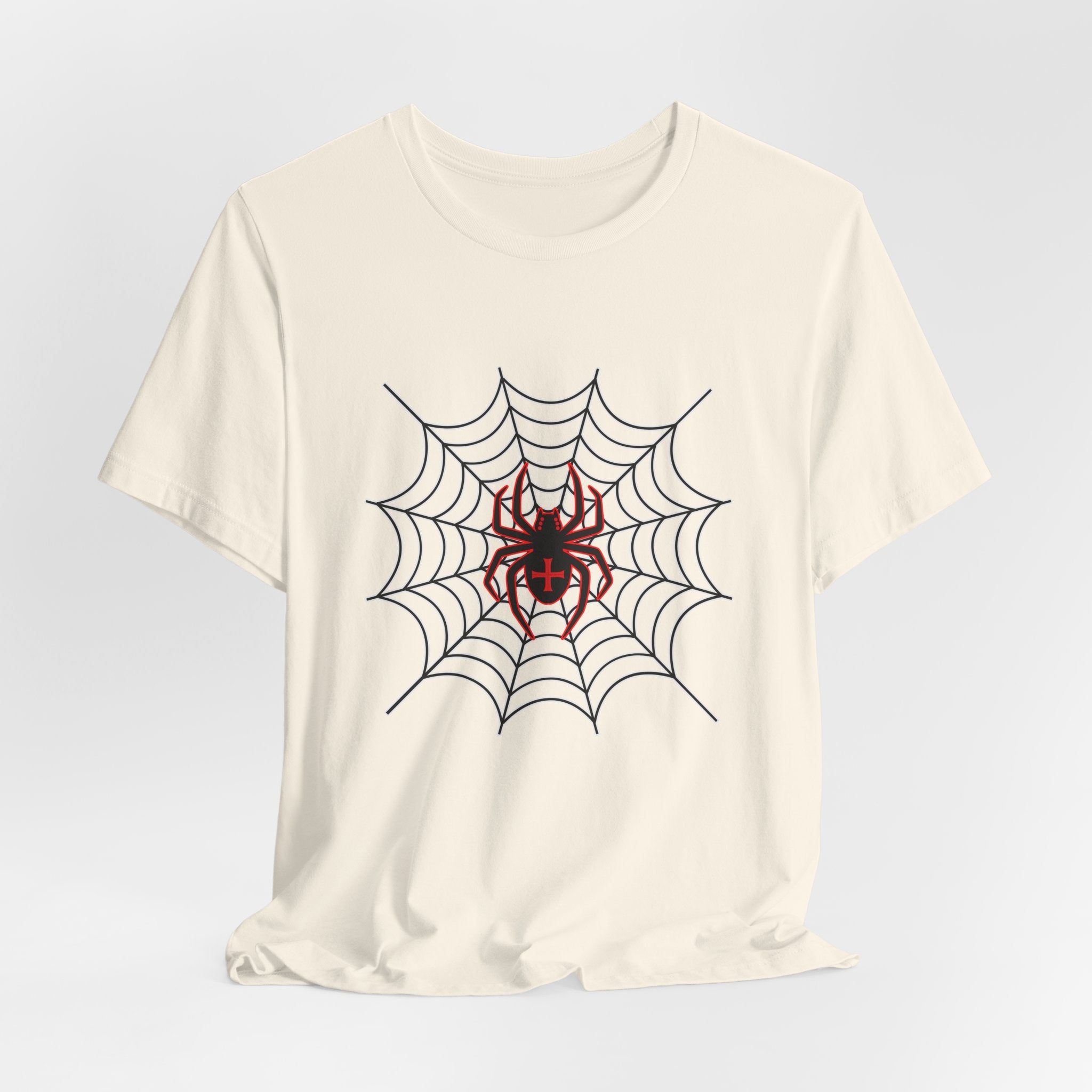Ivory beige t-shirt with spider web and spider design on a light gray background