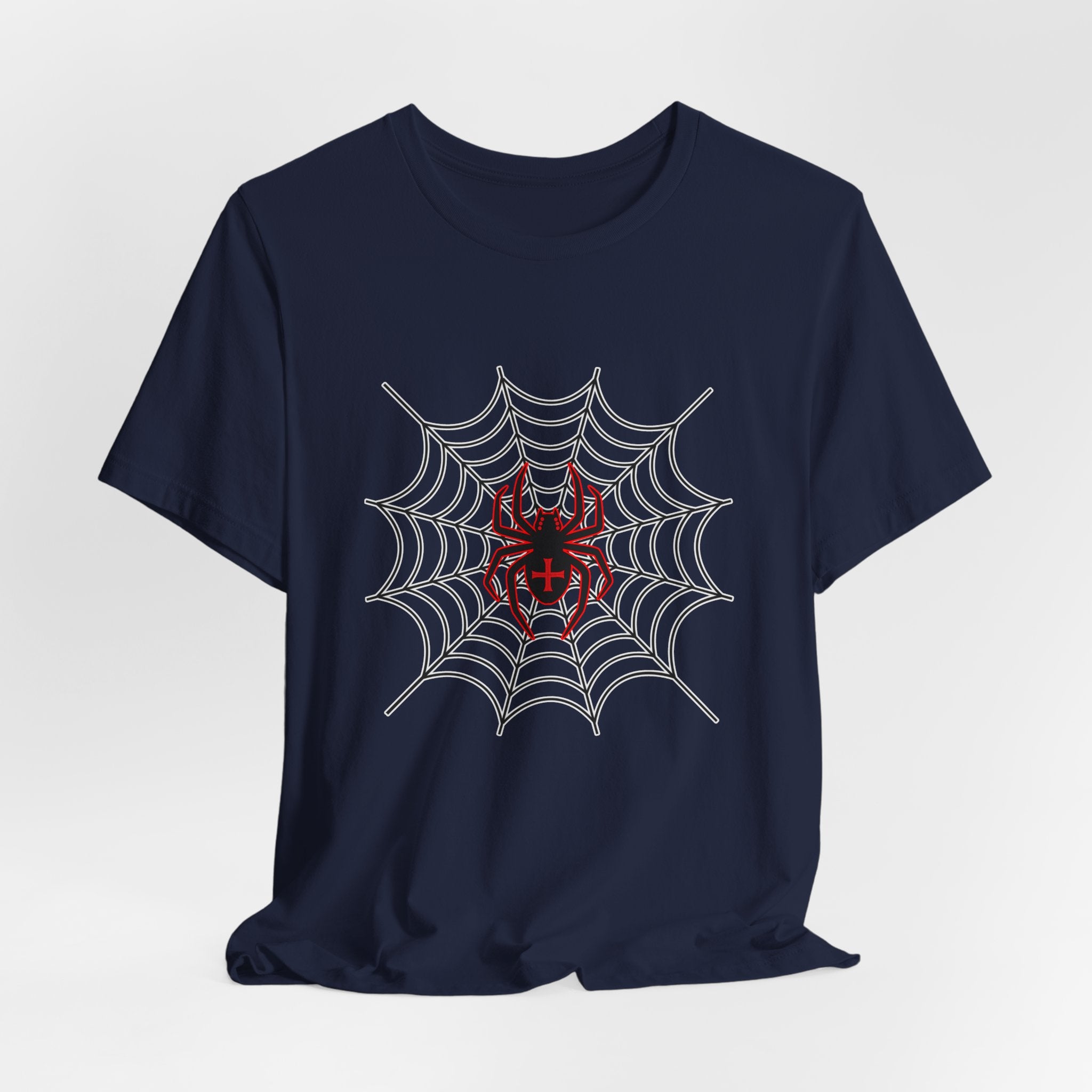 Navy blue t-shirt with a spider web and spider design on a white background