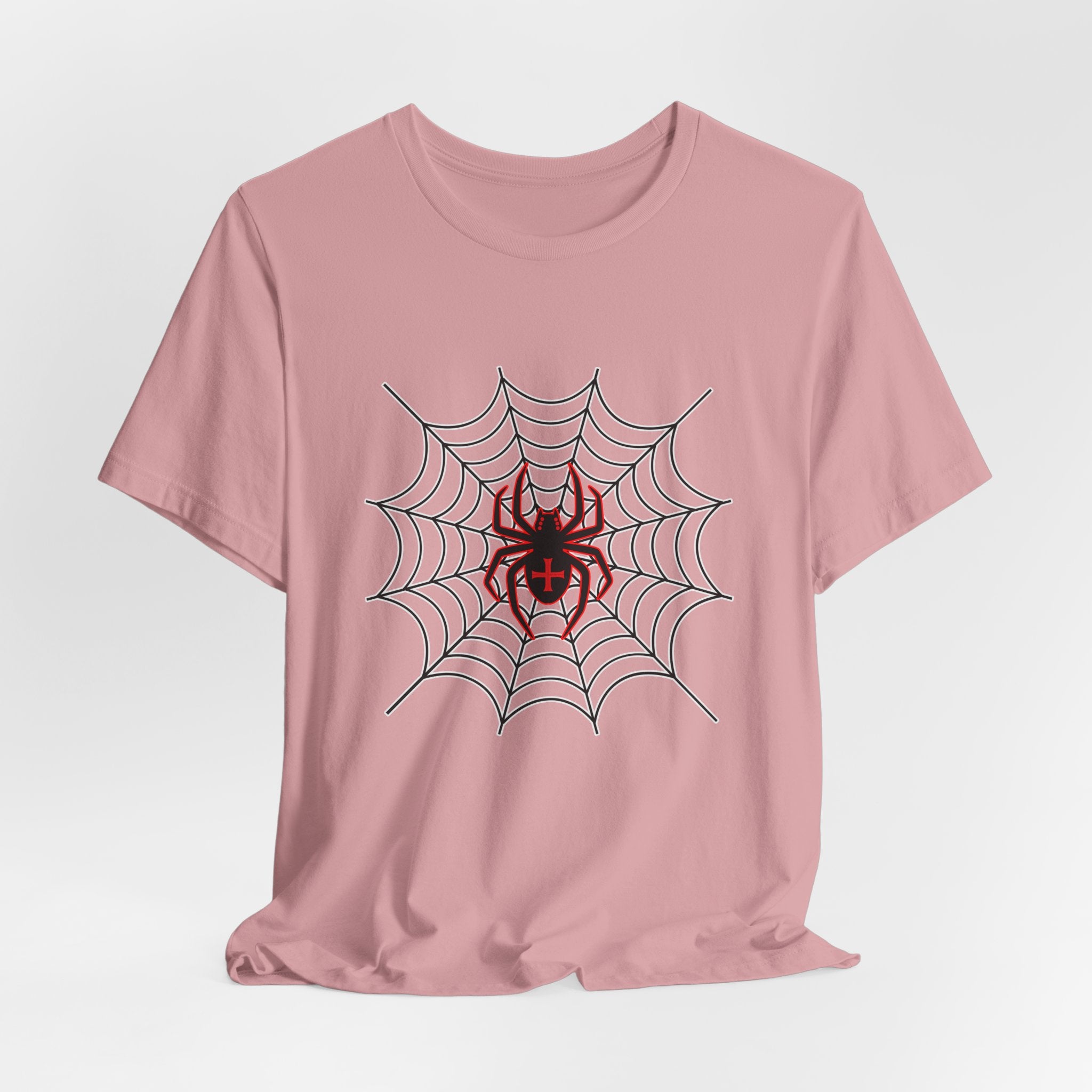 Orchid pink t-shirt with a spider and web design on a white background