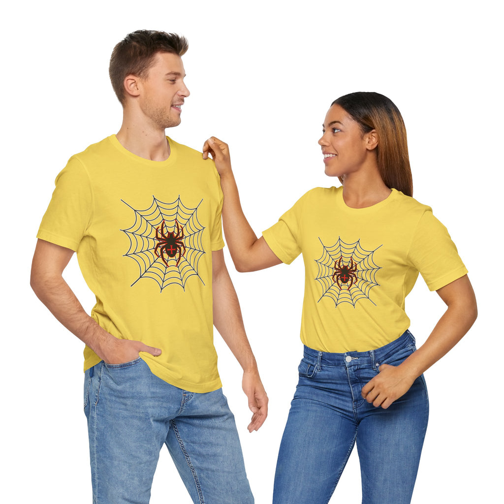 Two people wearing yellow t-shirts with spider web designs on a white background