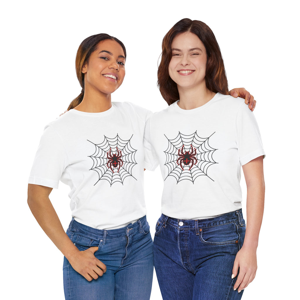 Two people wearing white t-shirts with spider web and spider designs on a white background