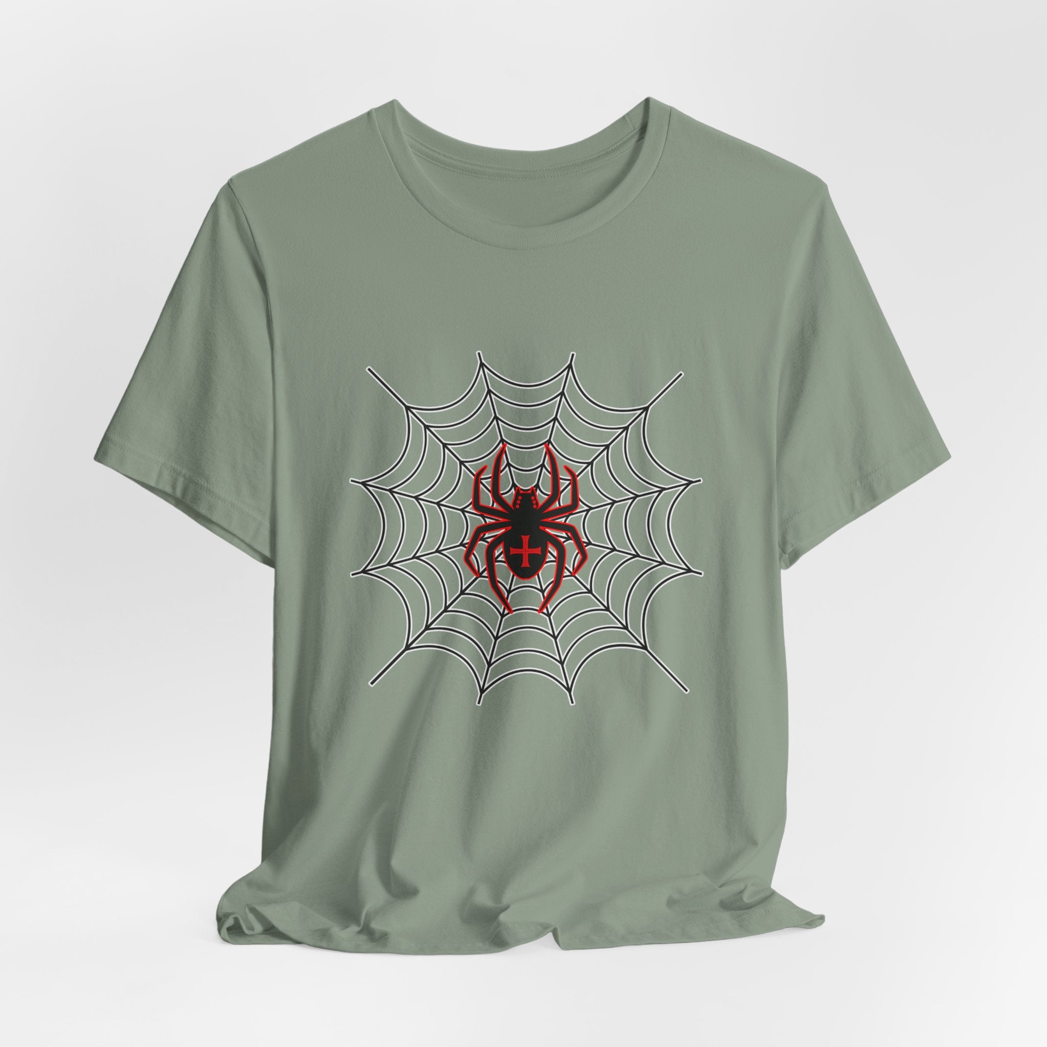 Sage green t-shirt with a spider and web design on a white background