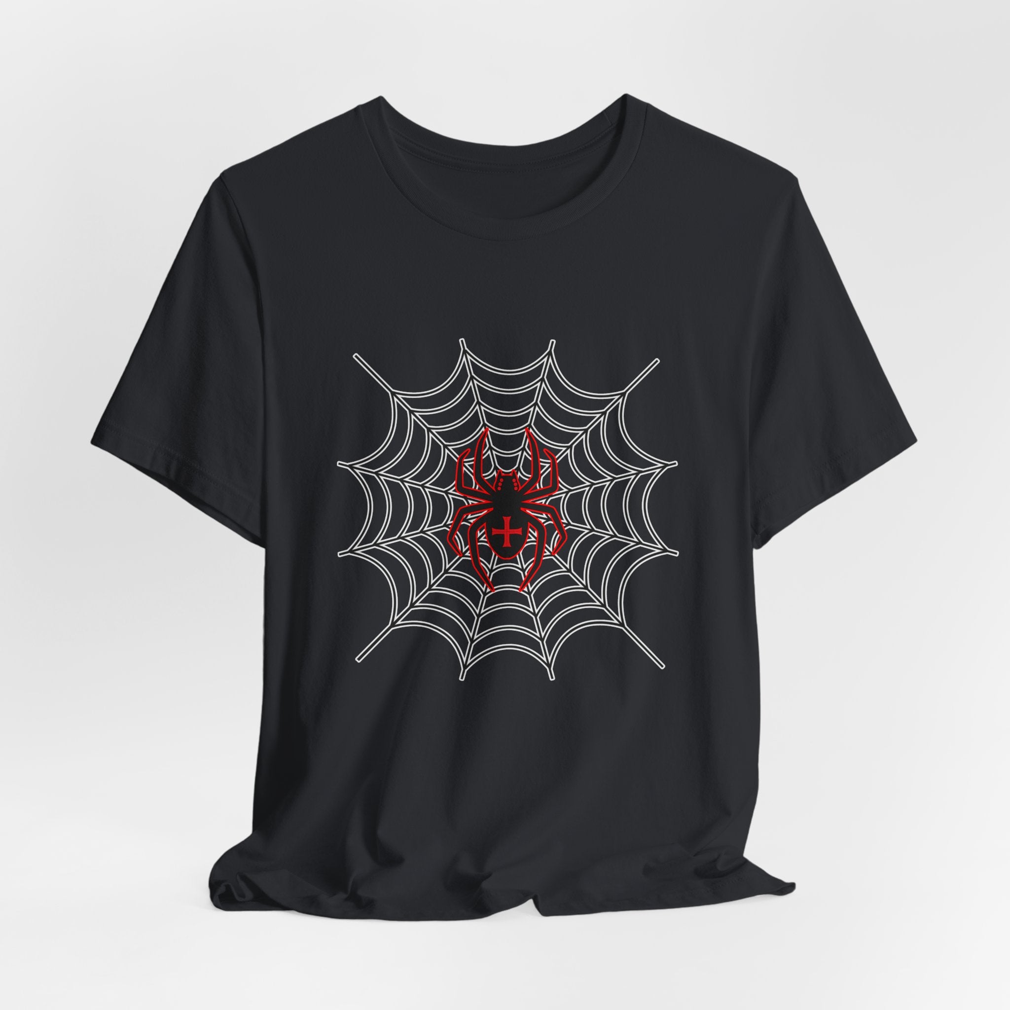 Vintage black t-shirt with a spider web and spider design on a white background