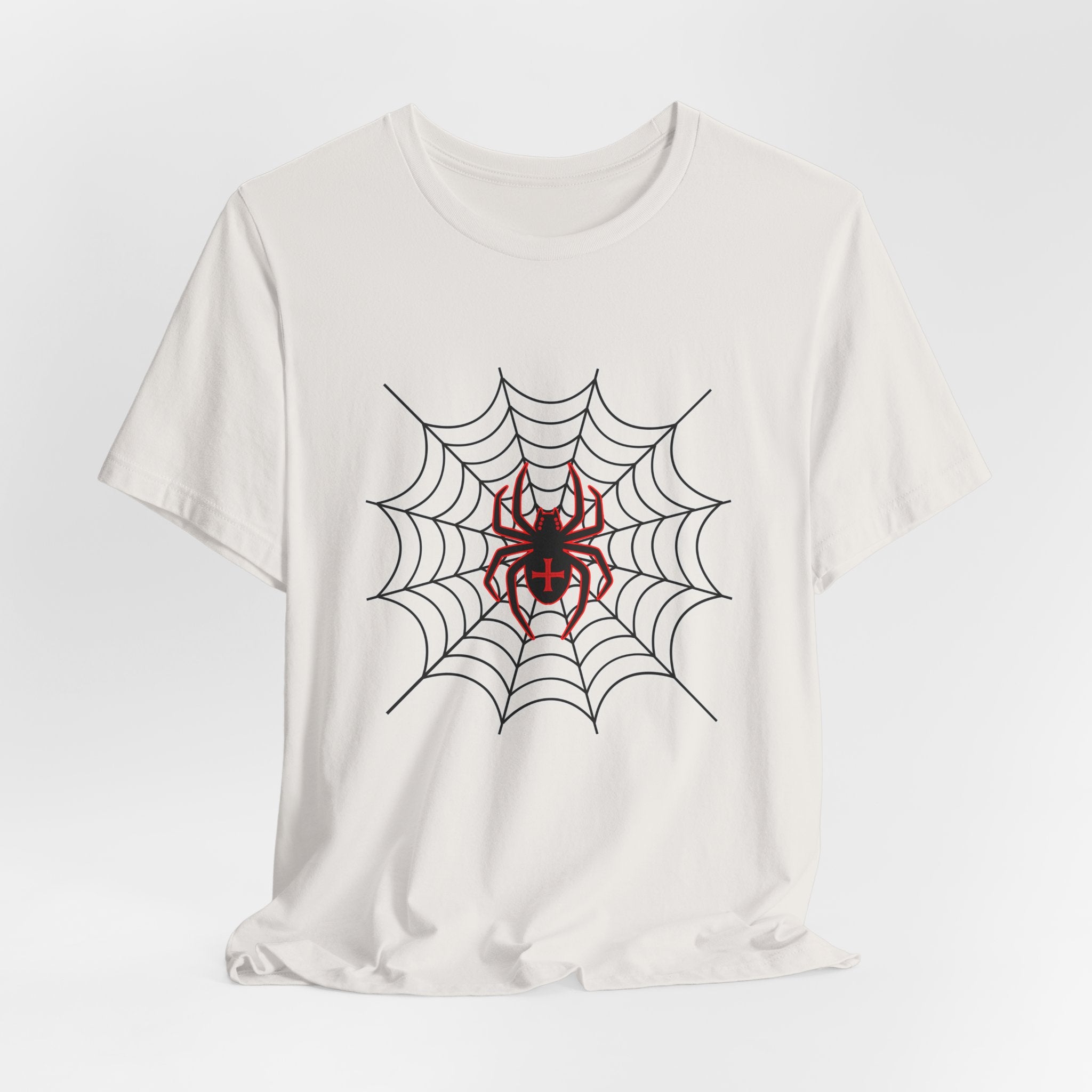 Vintage white t-shirt with a spider and web design on a light gray background