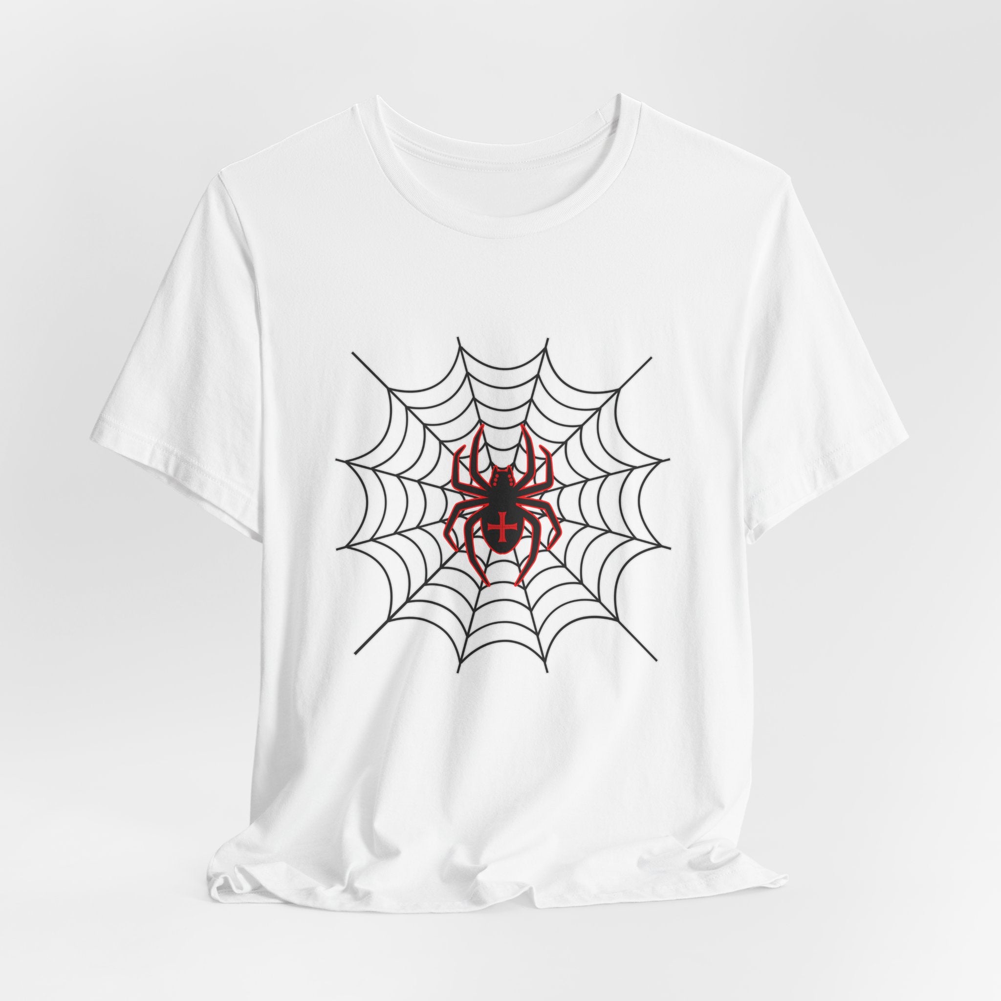 White t-shirt with a spider and web design on a white background
