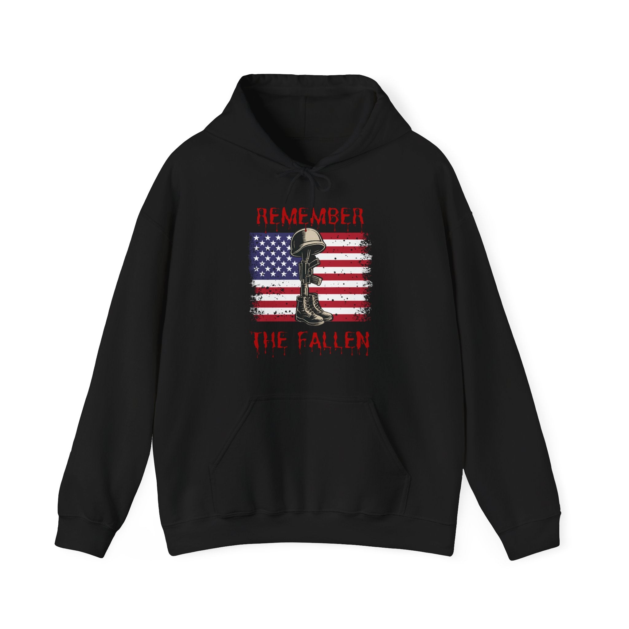 Black hoodie with a graphic design of vintage American flag with soldiers gear and "Remember the Fallen" text on a white background