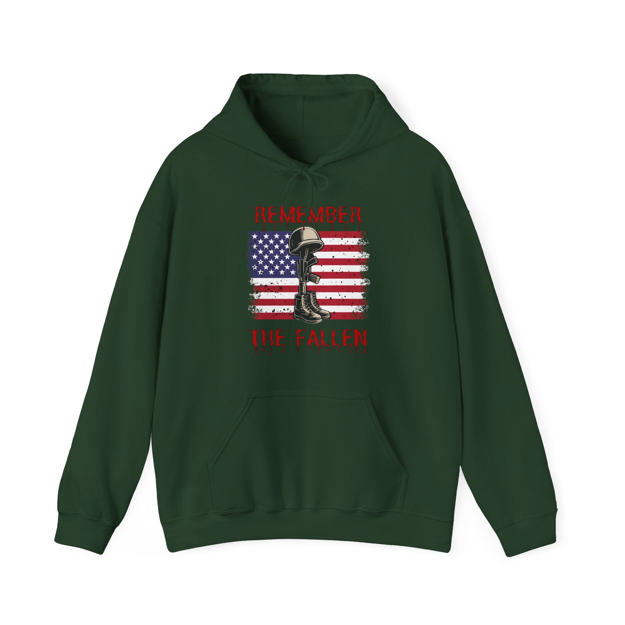 Forest green hoodie with a graphic design of vintage American flag with soldiers gear and "Remember the Fallen" text on a white background