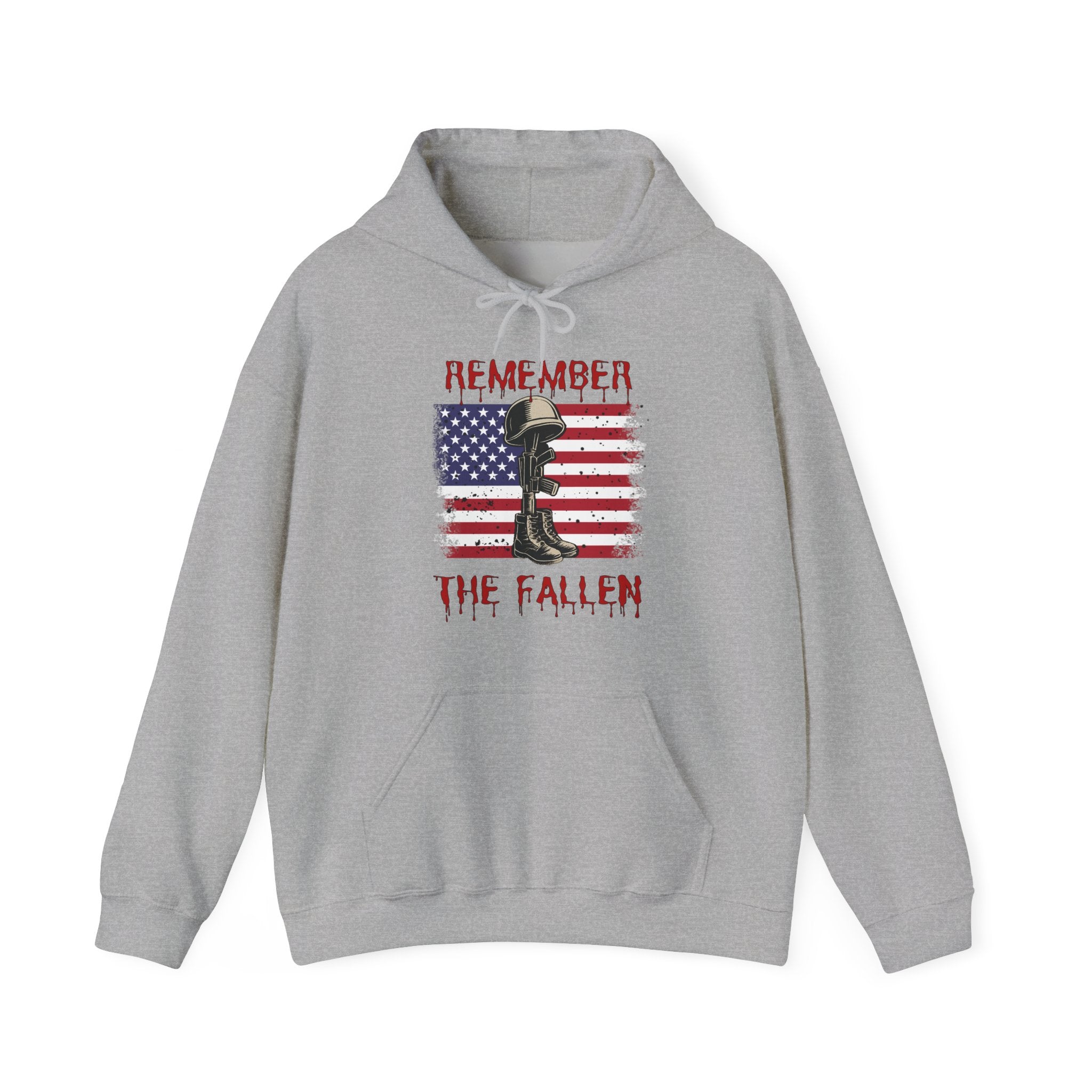 Gray hoodie with a graphic design of vintage American flag with soldiers gear and "Remember the Fallen" text on a white background