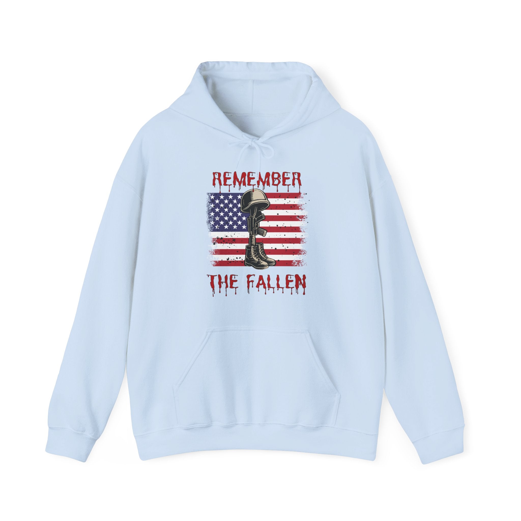 Light blue hoodie with a graphic design of vintage American flag with soldiers gear and "Remember the Fallen" text on a white background