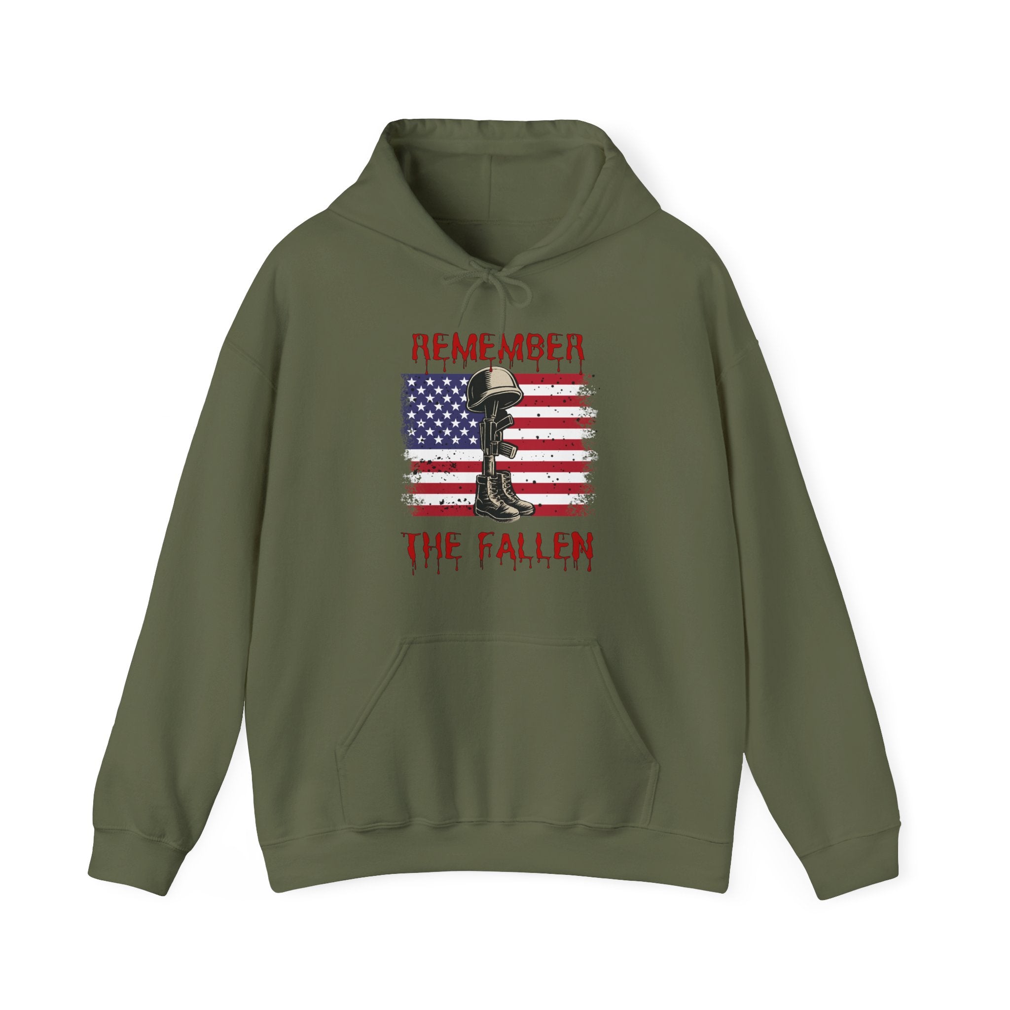 Military green hoodie with a graphic design of vintage American flag with soldiers gear and "Remember the Fallen" text on a white background