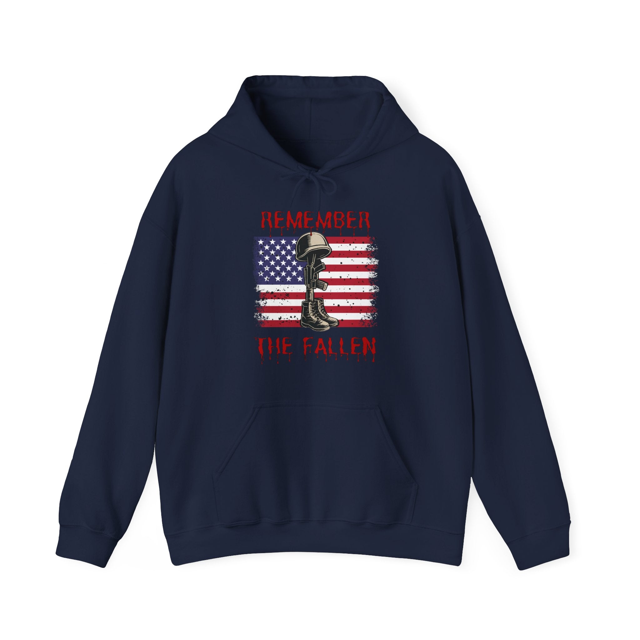 Navy blue hoodie with a graphic design of vintage American flag with soldiers gear and "Remember the Fallen" text on a white background