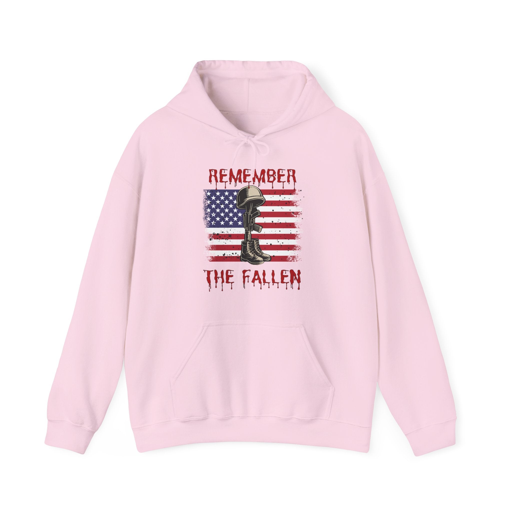 Pink hoodie with a graphic design of vintage American flag with soldiers gear and "Remember the Fallen" text on a white background