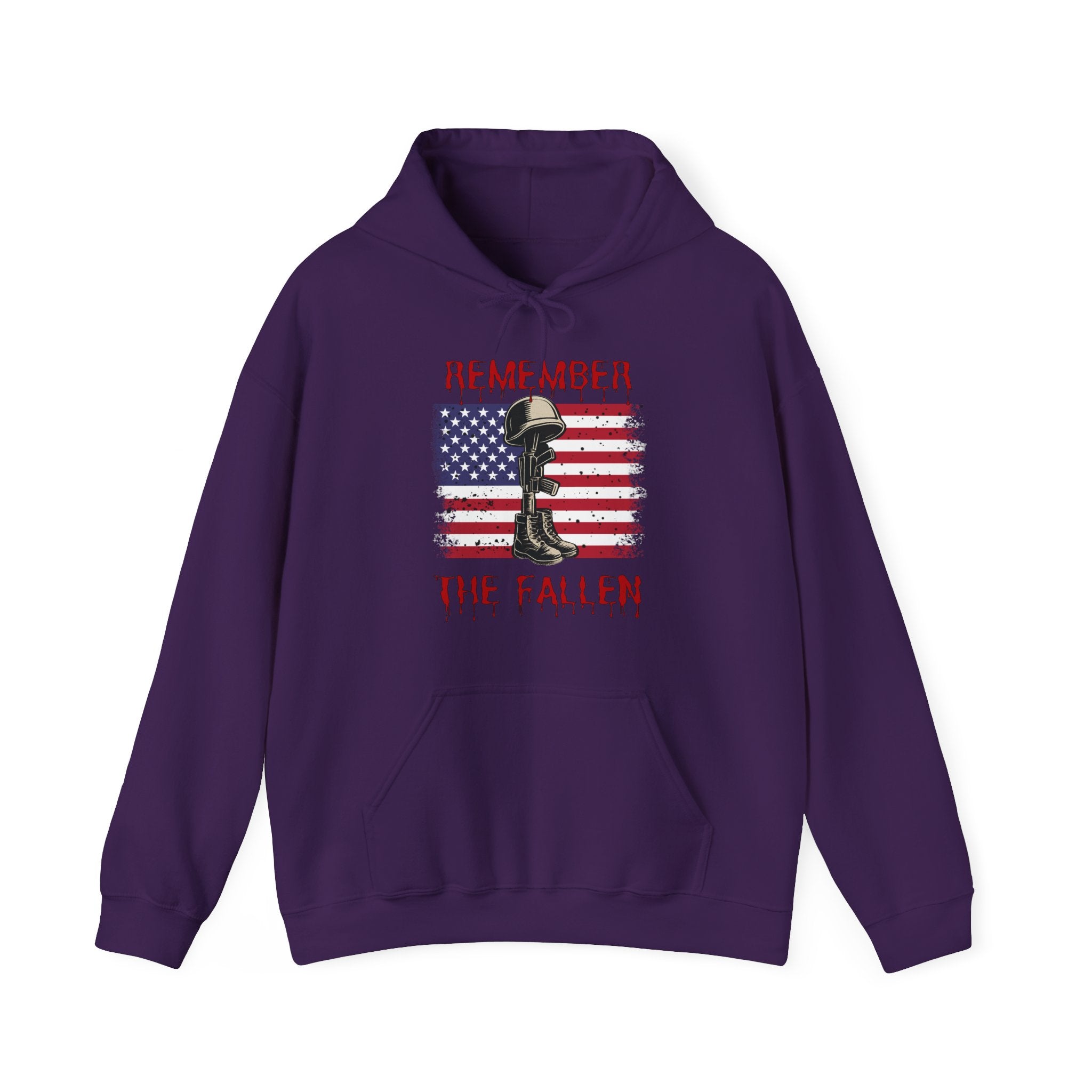 Purple hoodie with a graphic design of vintage American flag with soldiers gear and "Remember the Fallen" text on a white background