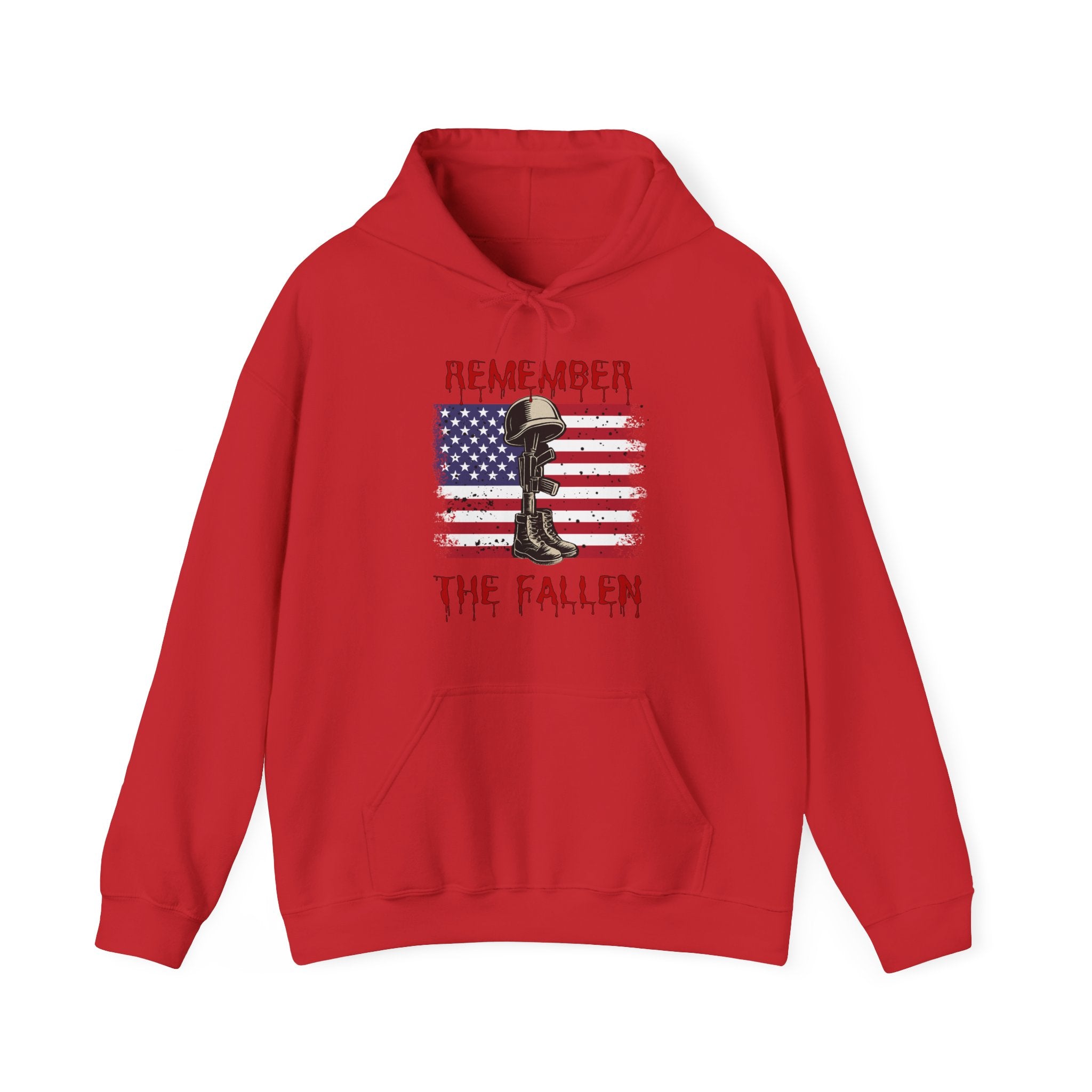 Red hoodie with a graphic design of vintage American flag with soldiers gear and "Remember the Fallen" text on a white background