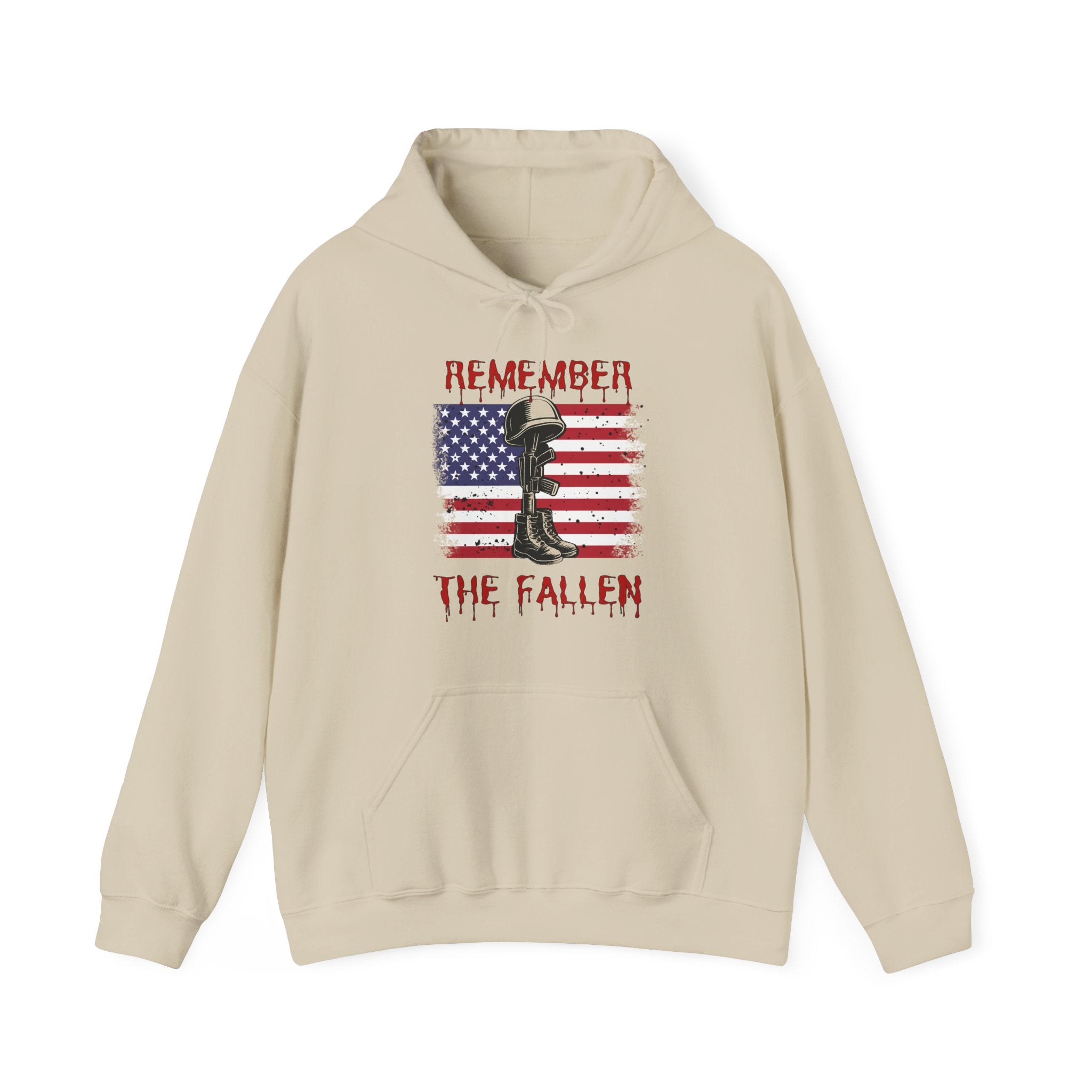 Beige hoodie with a graphic design of vintage American flag with soldiers gear and "Remember the Fallen" text on a white background