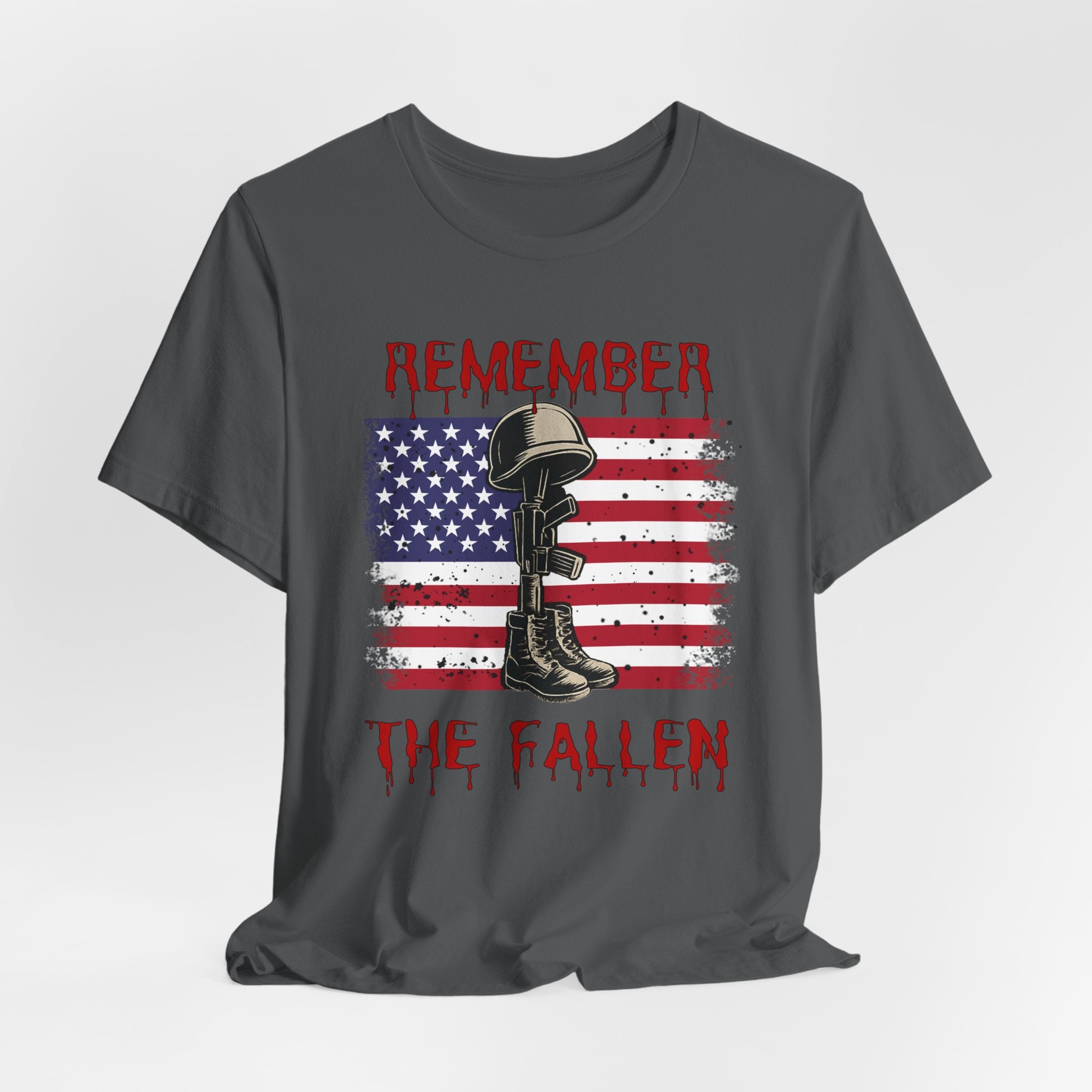 Asphalt gray t-shirt with vintage American flag and military gear themed design with remember the fallen text on a white background