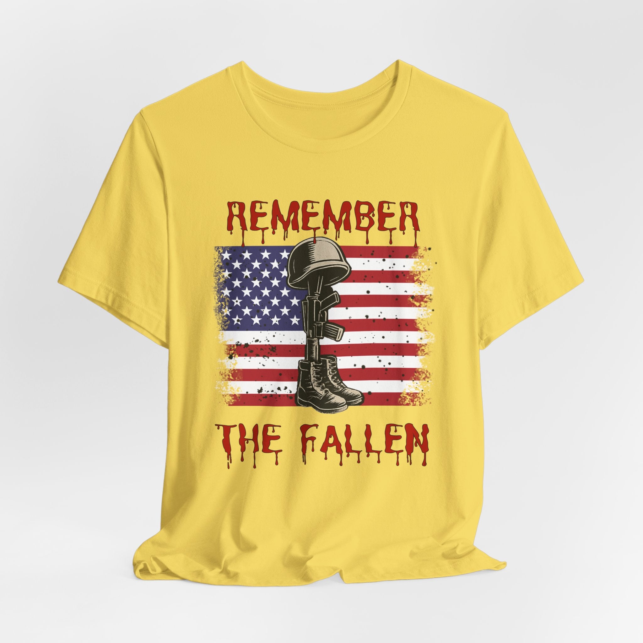 Maze yellow t-shirt with vintage American flag and military gear themed design with remember the fallen text on a white background
