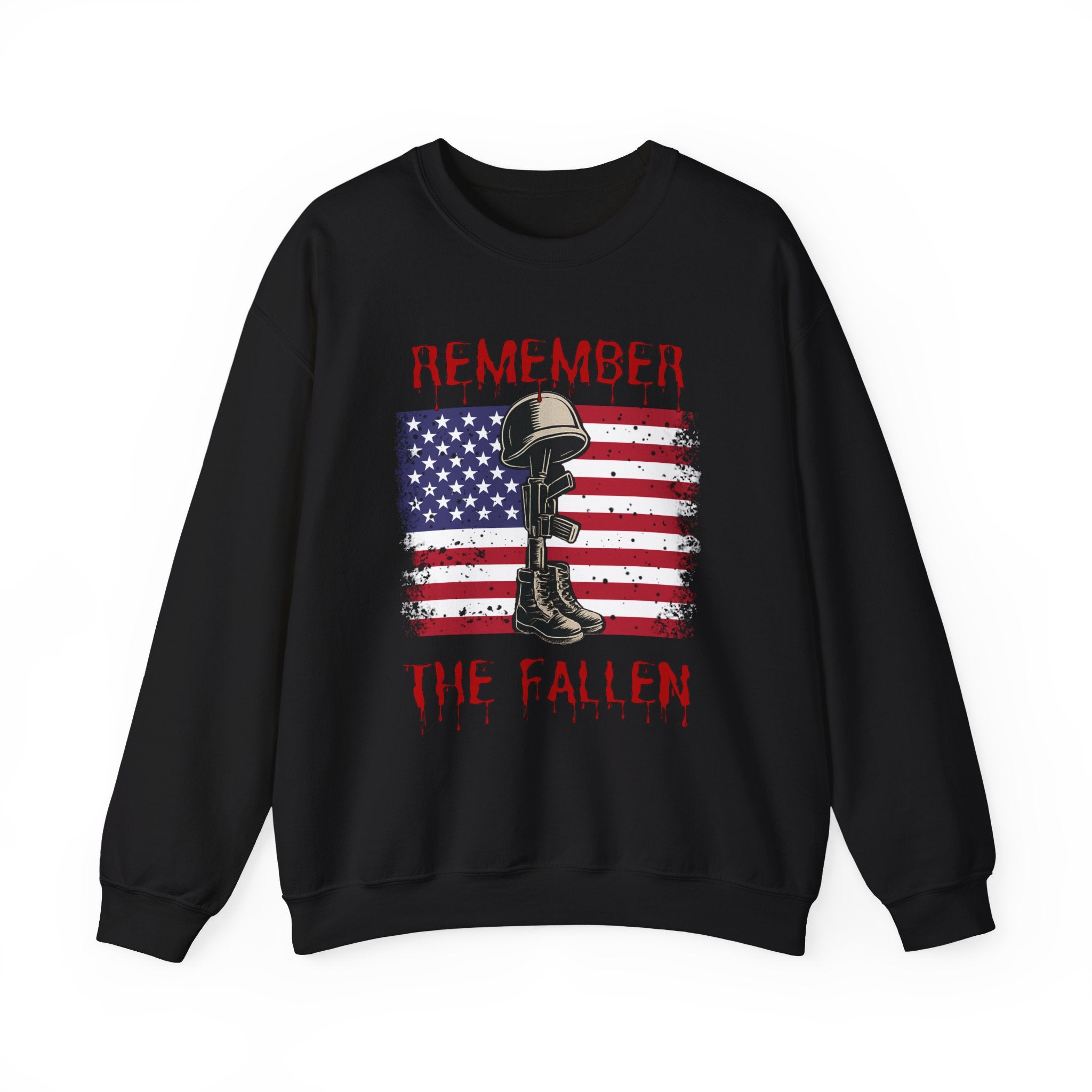 Black sweatshirt with American flag, helmet, and boot design on a white background