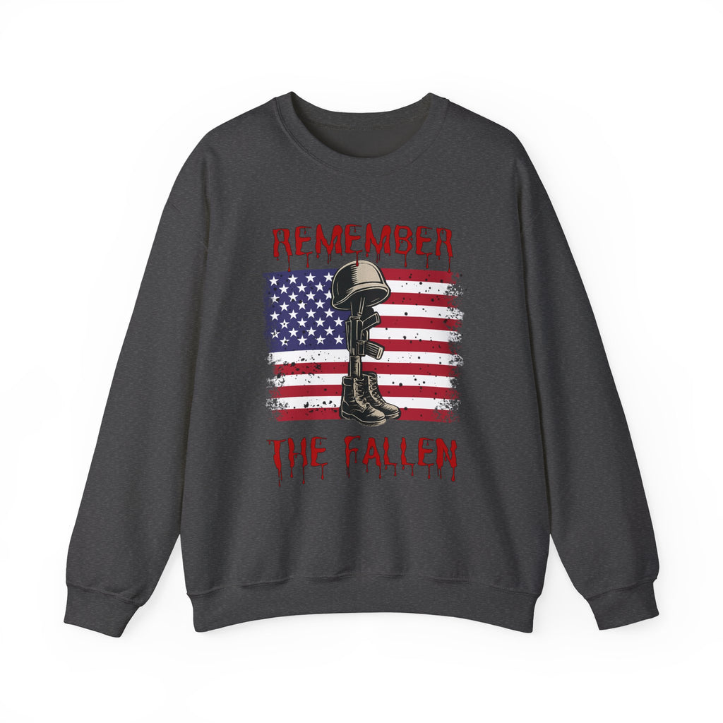 Dark gray sweatshirt with American flag, helmet, and boot graphic and 'Remember the Fallen' text on a white background.