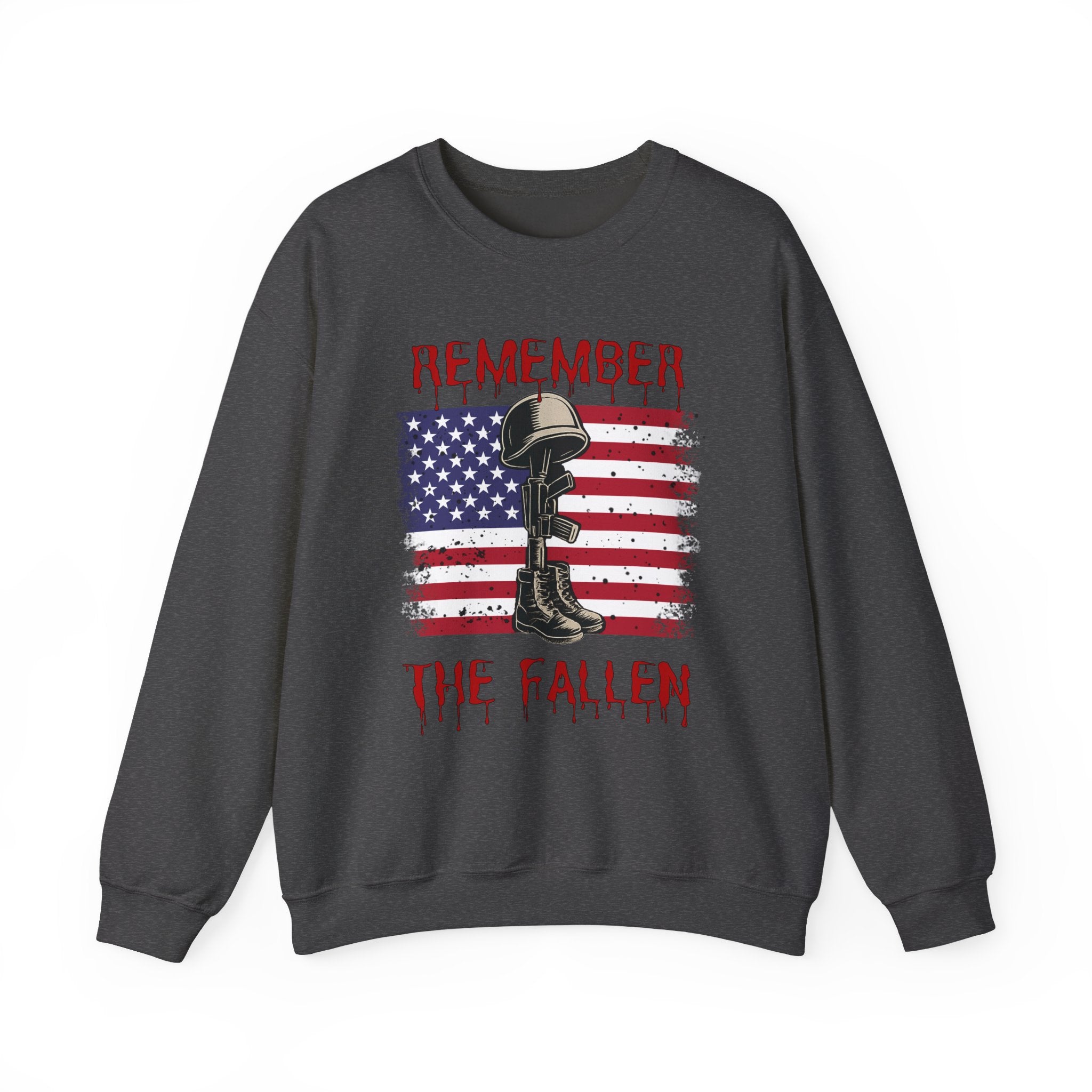 Dark gray sweatshirt with American flag, helmet, and boot graphic and 'Remember the Fallen' text on a white background.