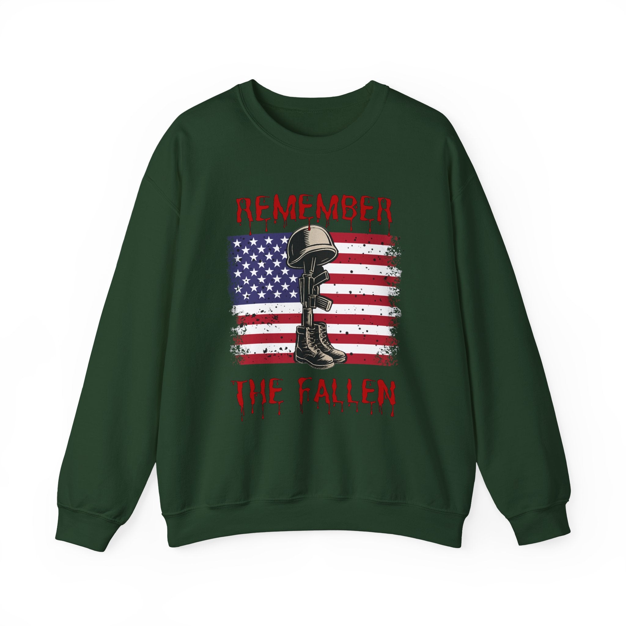 Forest green sweatshirt with American flag and military helmet and boot design on a white background