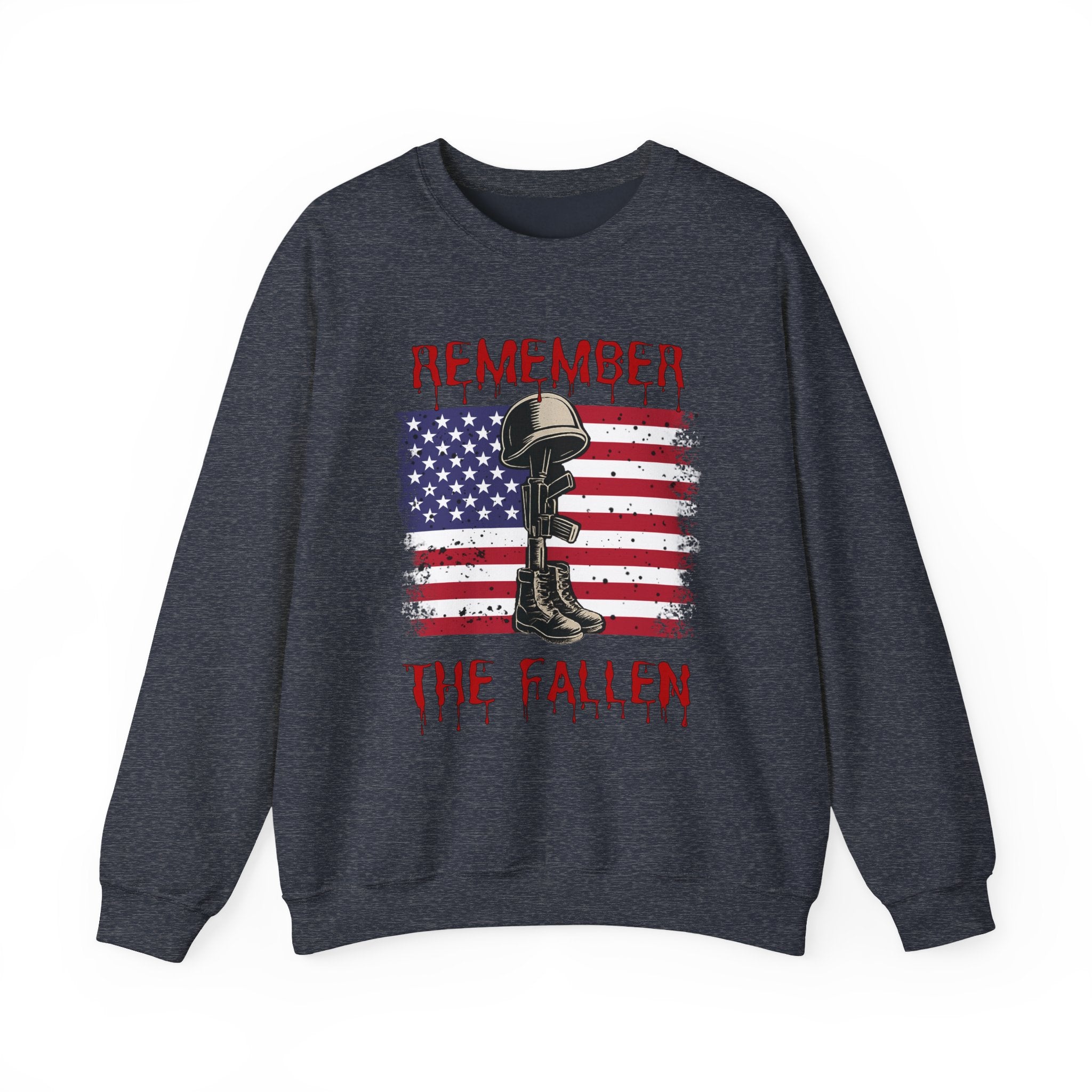 Gray sweatshirt with American flag and military-themed design on a white background