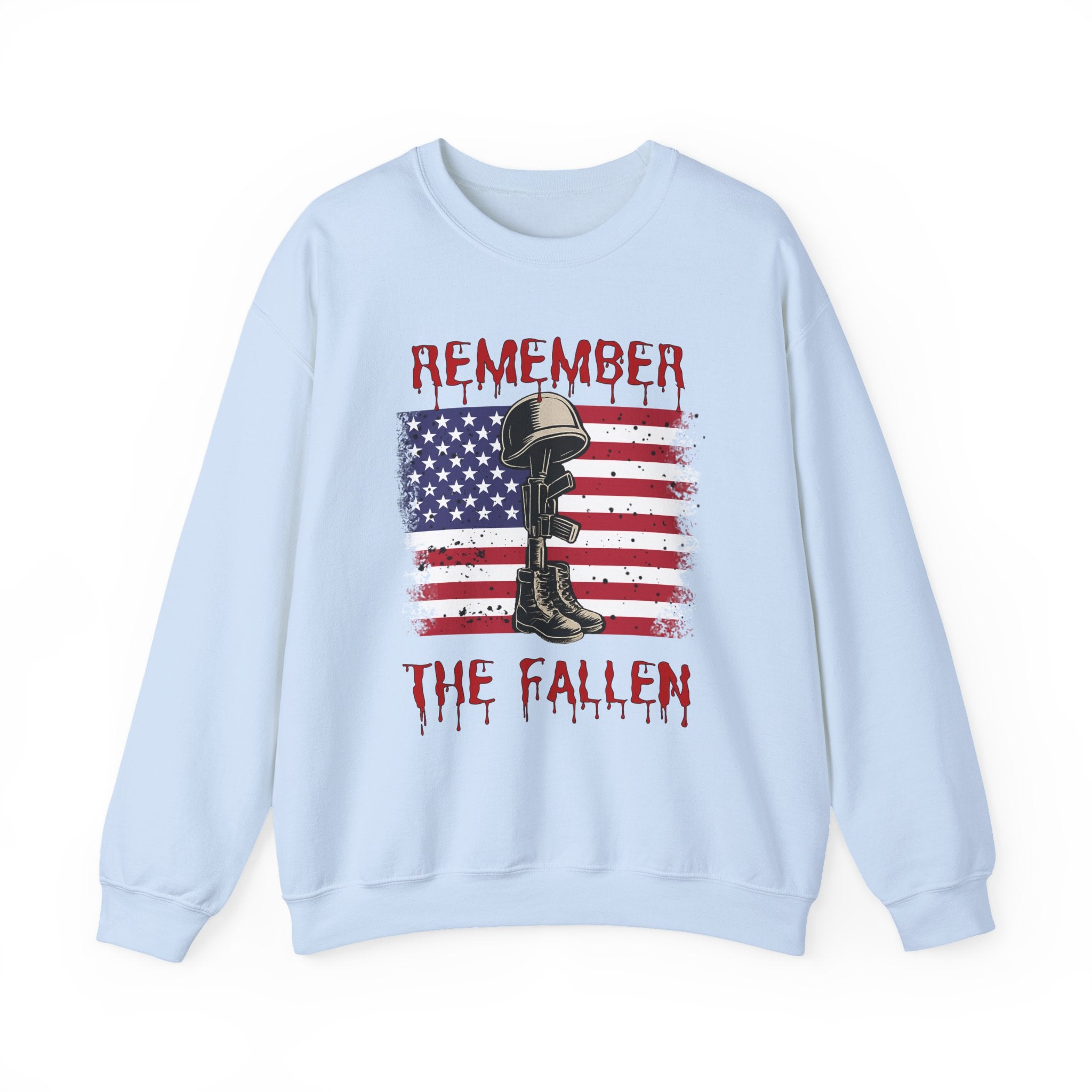 Light blue sweatshirt with American flag and boot graphic on a white background